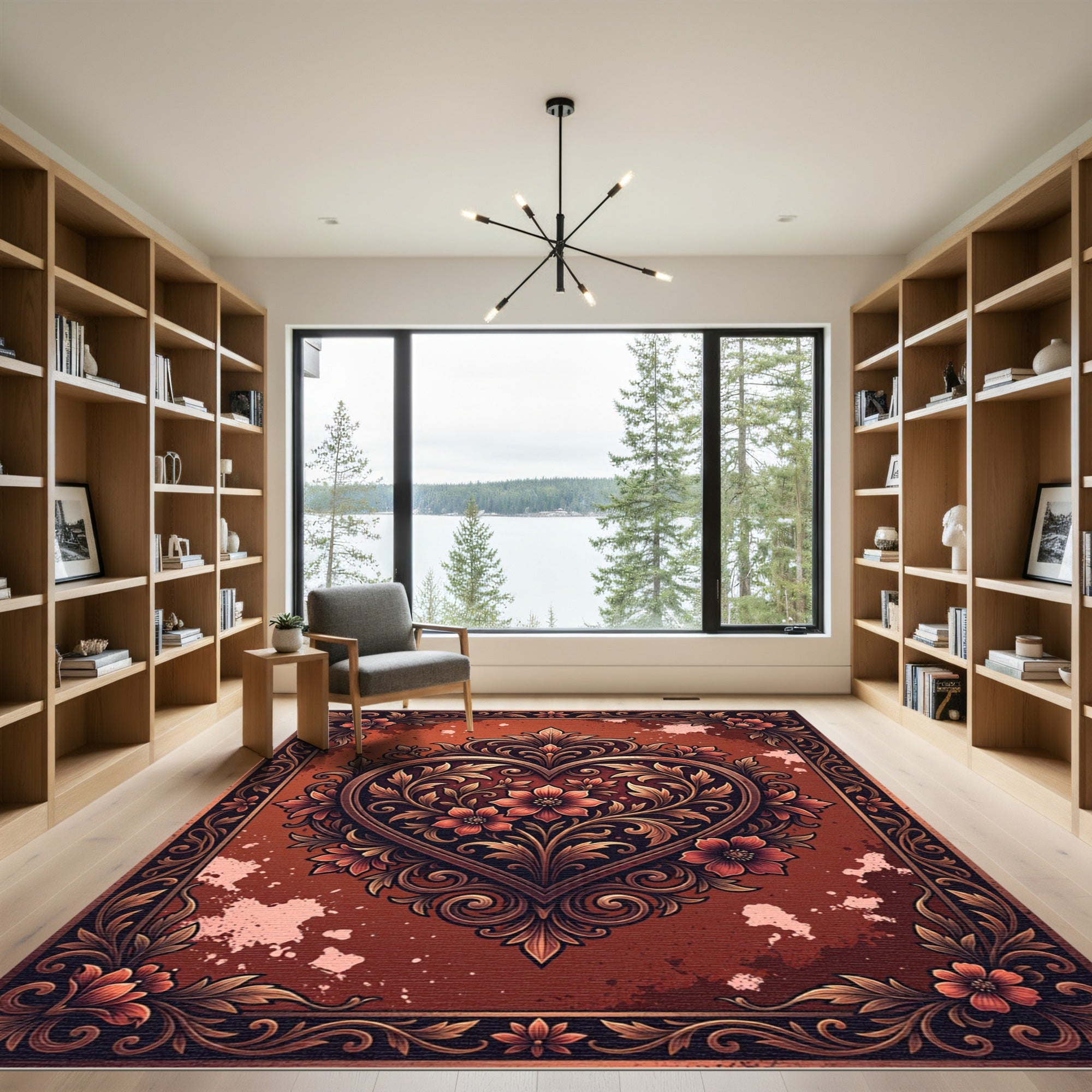 Elegant Copper Floral Heart Art Rug
