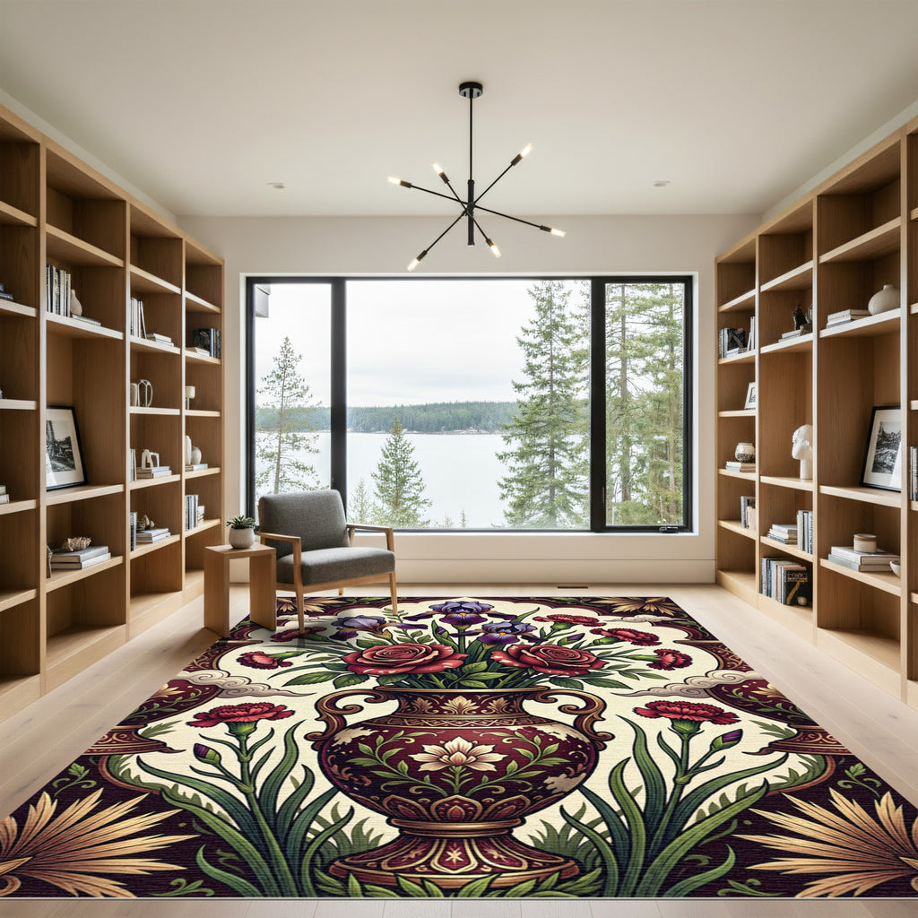 Midnight Burgundy Iris and Rose Bouquet Rug
