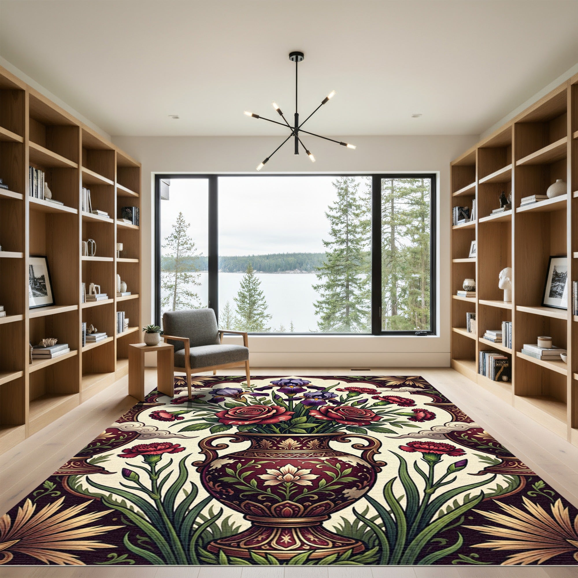 Midnight Burgundy Iris and Rose Bouquet Rug