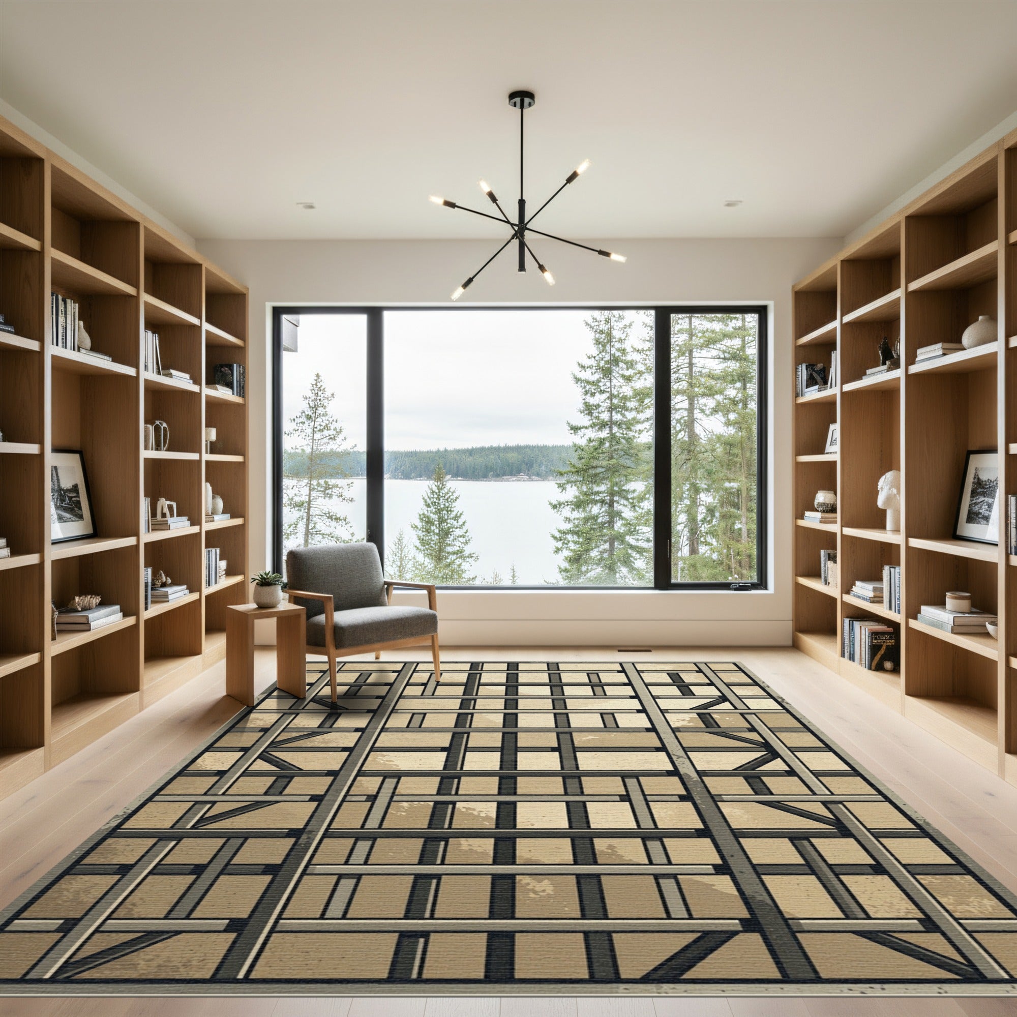 Tan Beige Abstract Grid Composition Rug
