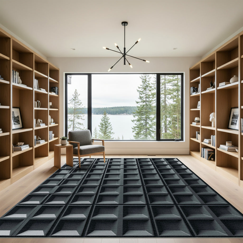 Minimalist Charcoal Square Grid Texture Rug
