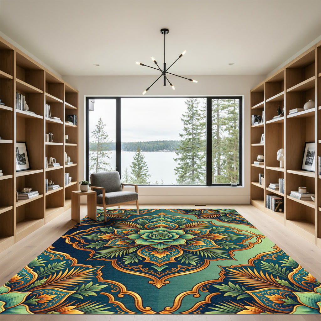 Teal Azure Floral Golden Medallion Rug