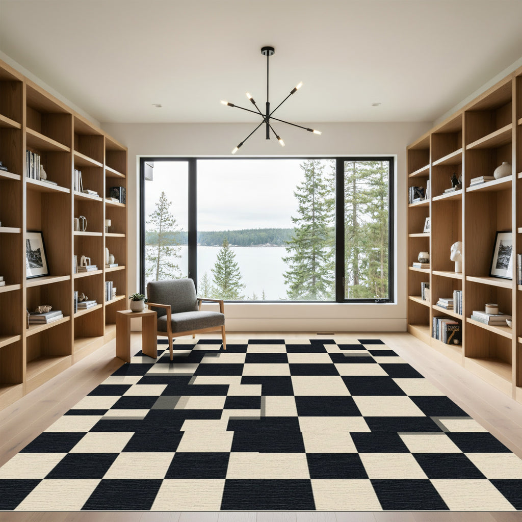 Modern Black and Cream Checkerboard Grid Rug