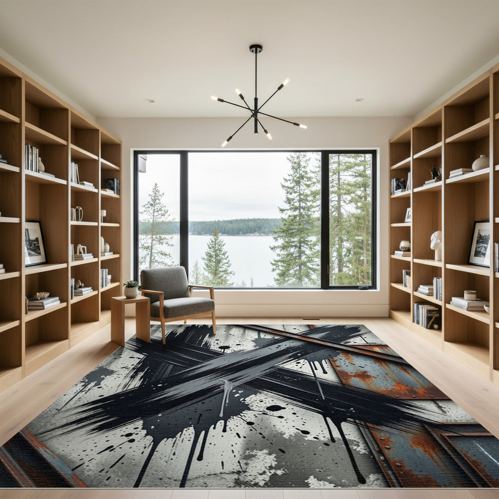 Abstract Black Ink Industrial Grunge Cross Rug