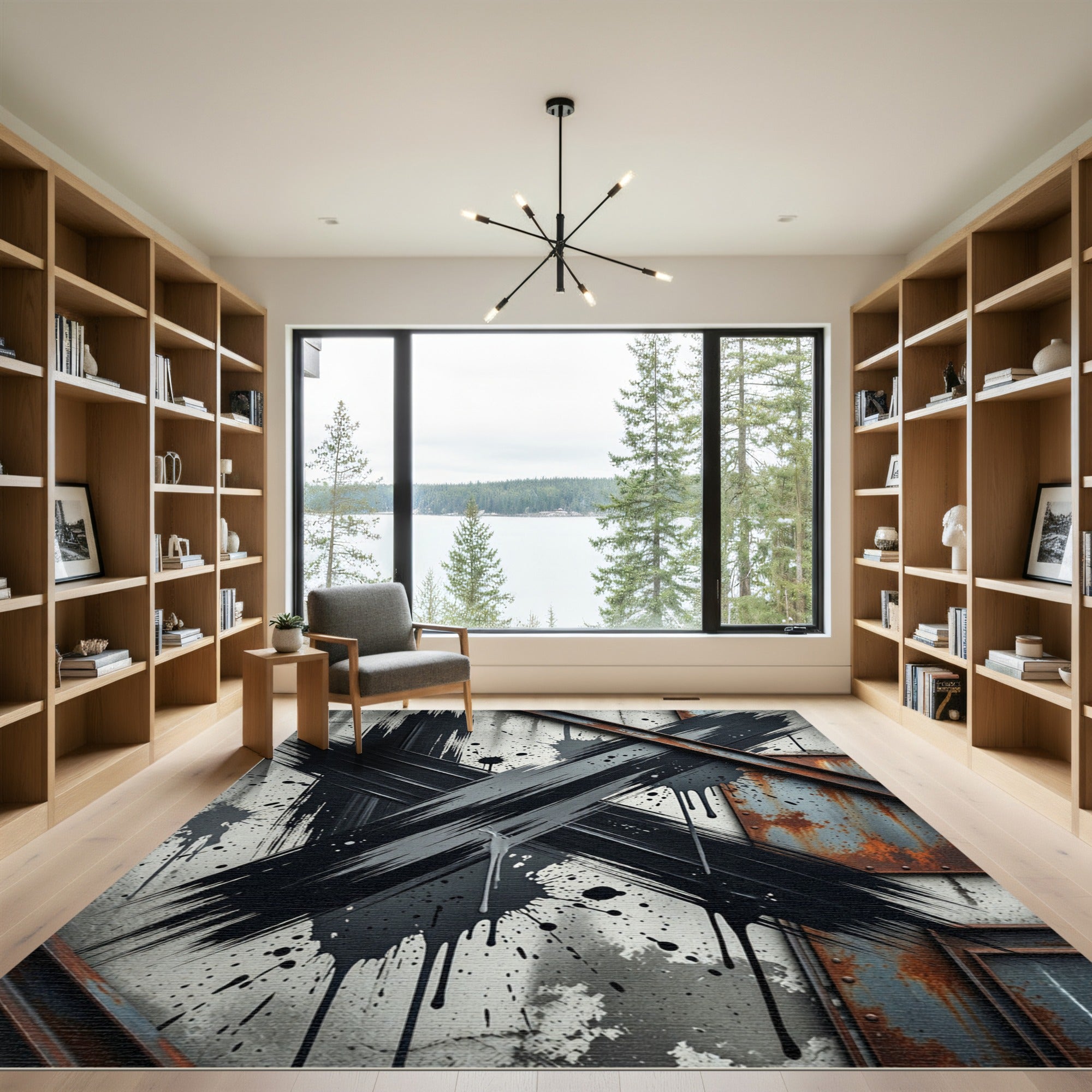 Abstract Black Ink Industrial Grunge Cross Rug
