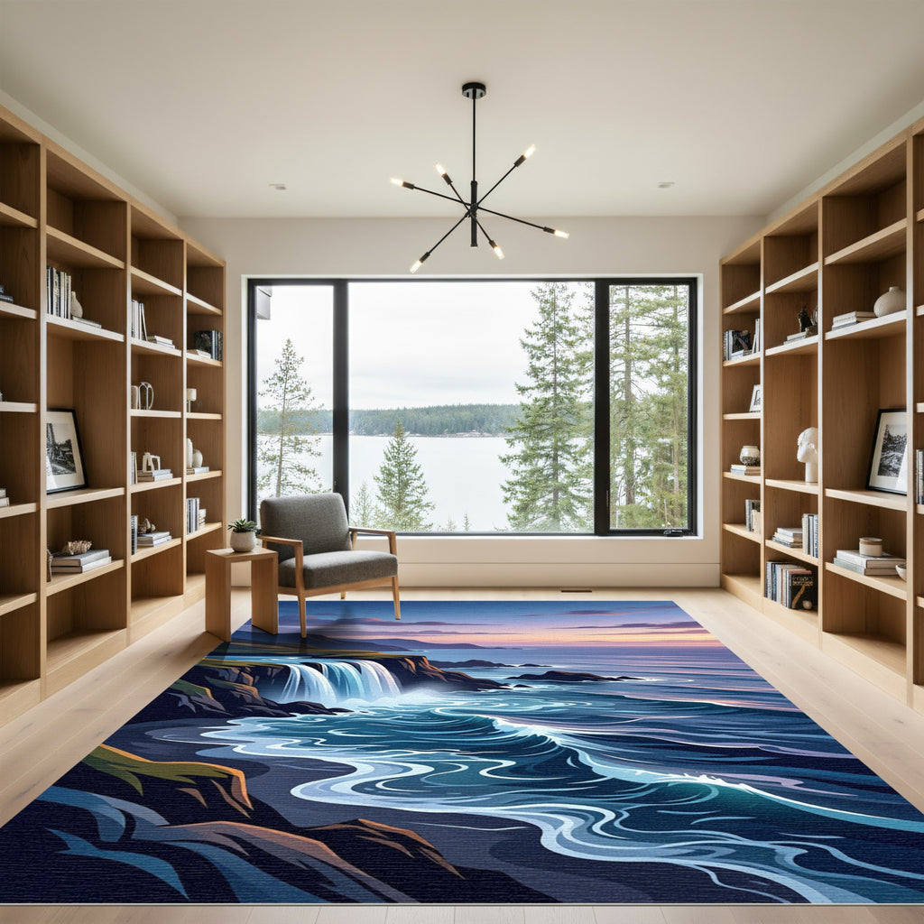 Coastal Sunset Waterfall Cliff Scene Rug