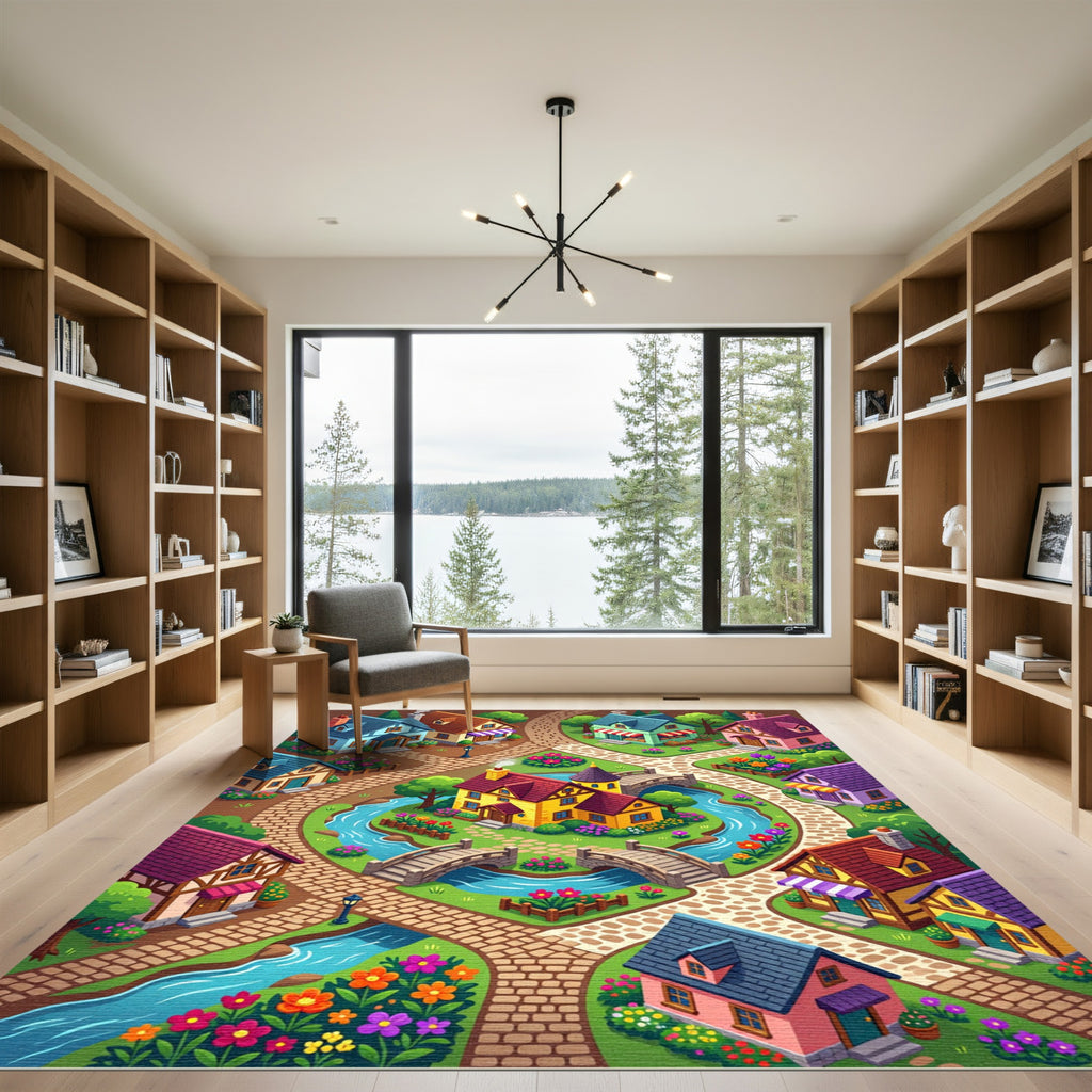 Whimsical Storybook Village Garden Landscape Rug