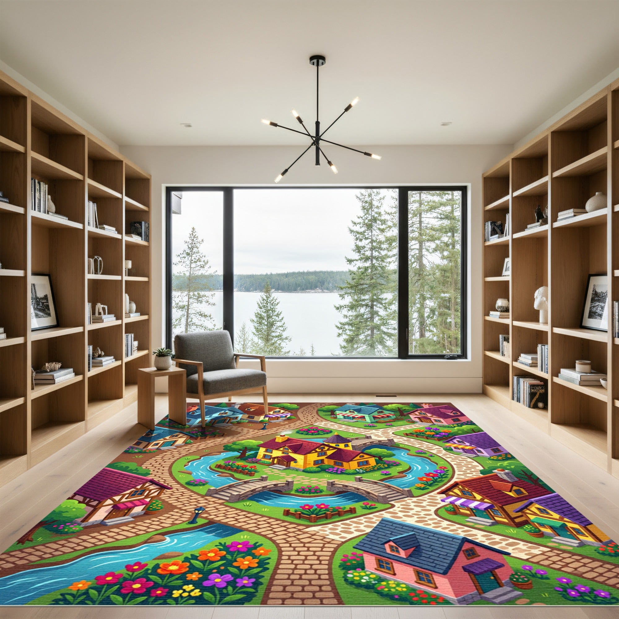 Whimsical Storybook Village Garden Landscape Rug