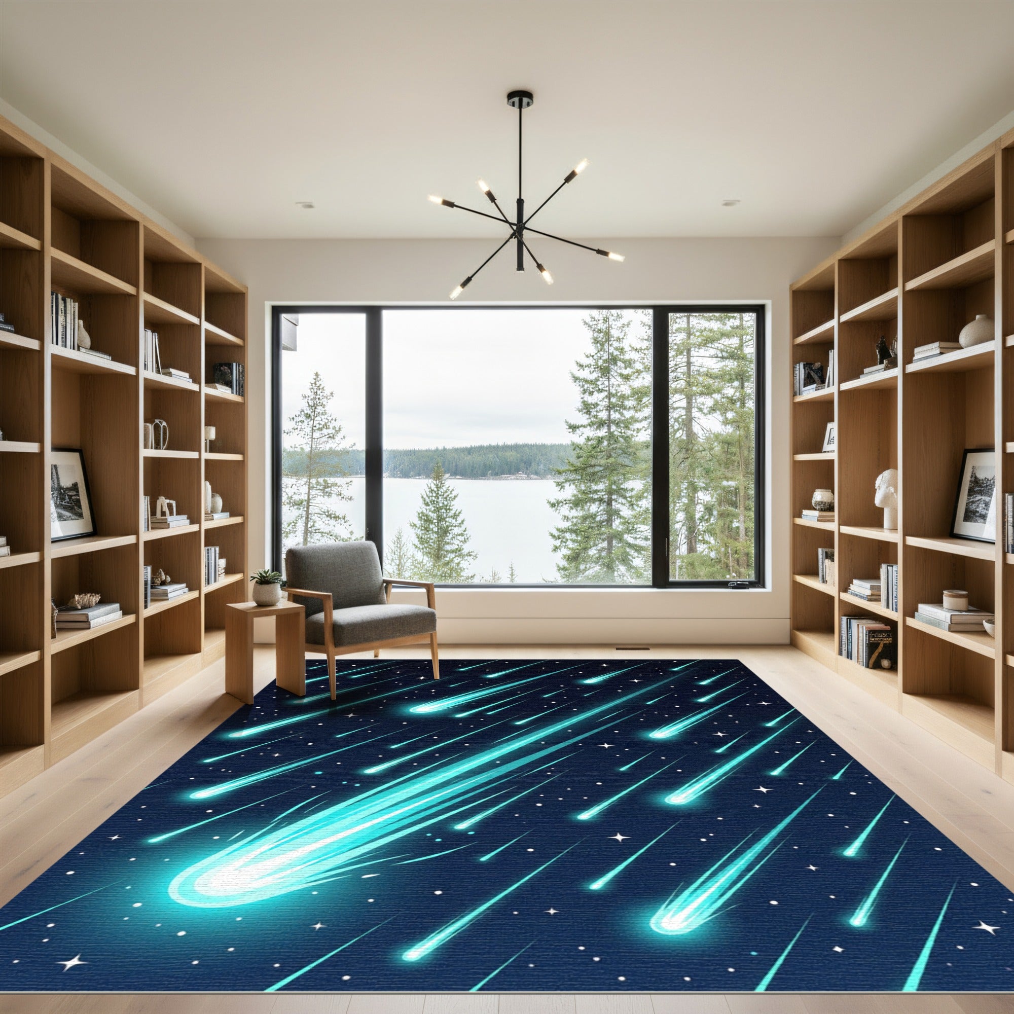 Glowing Celestial Blue Shooting Star Space Rug