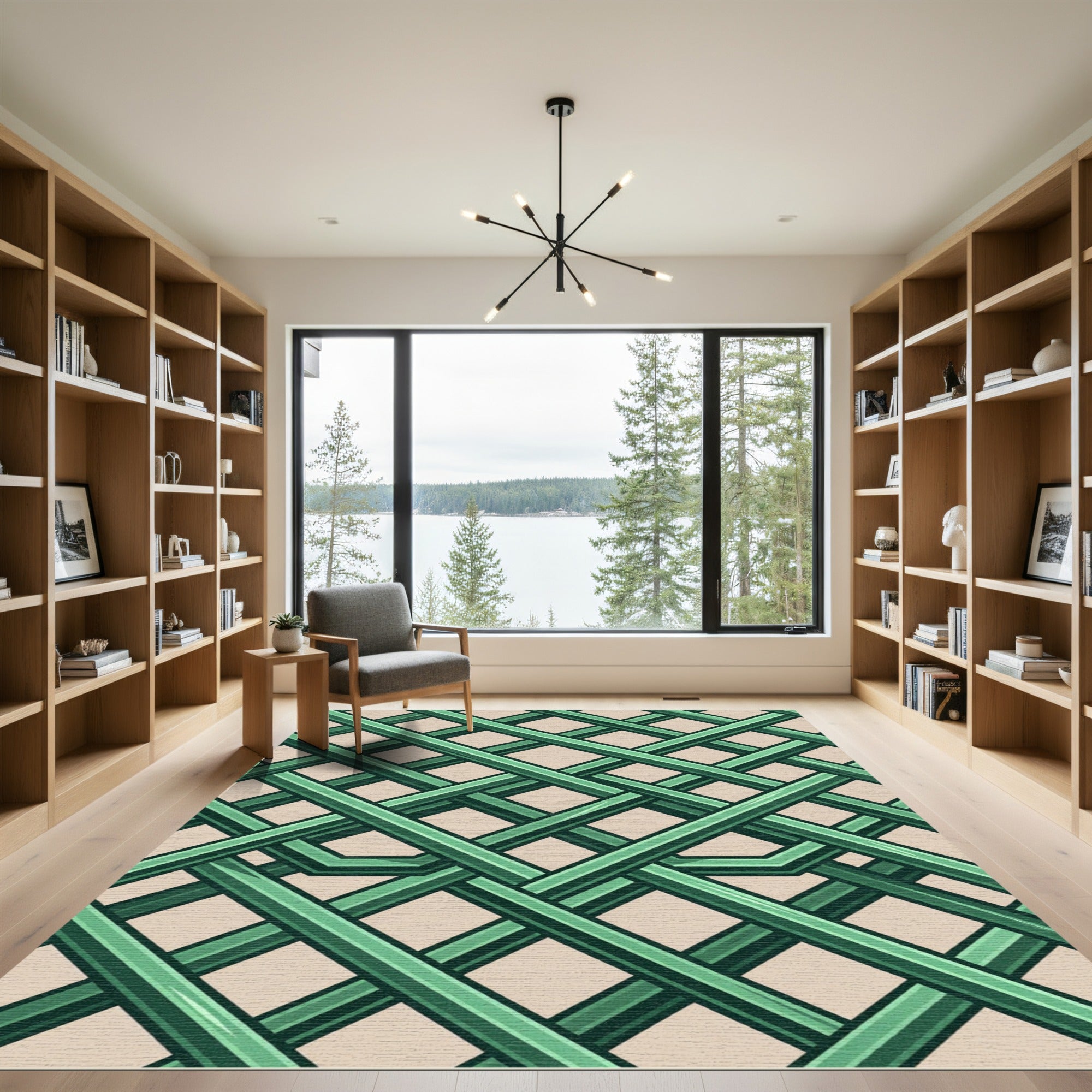 Emerald Green Intersecting Geometric Lattice Rug