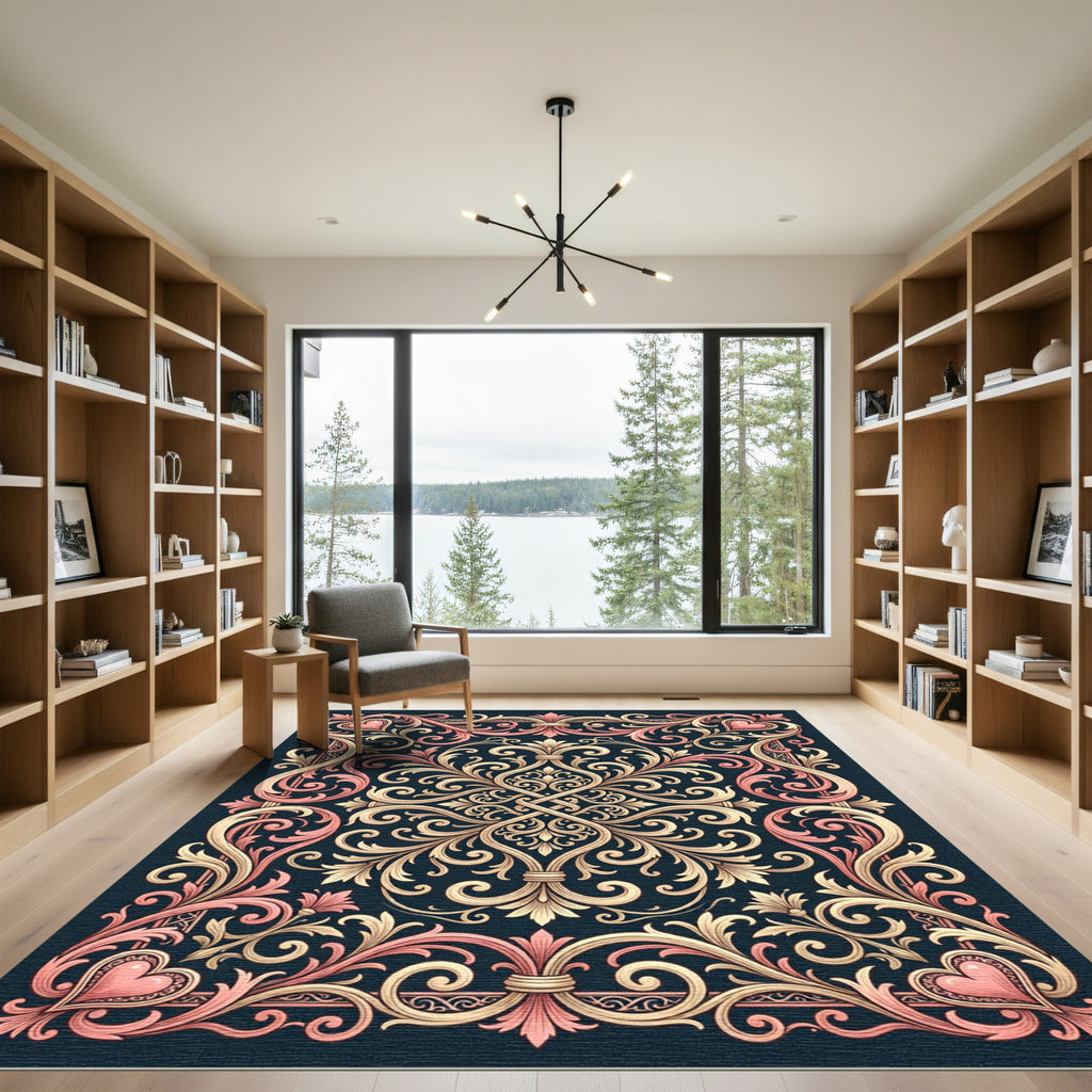 Ornate Gold Pink Scroll Heart Garland Rug