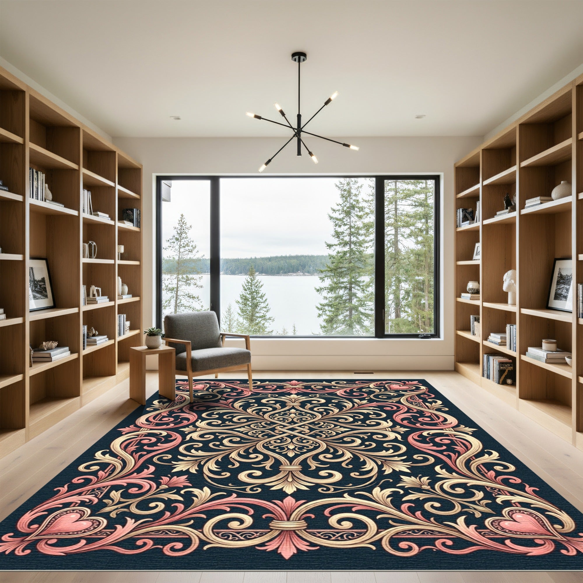 Ornate Gold Pink Scroll Heart Garland Rug