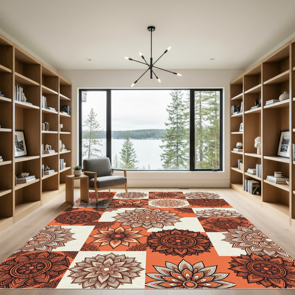 Ornate Coral Sunburst Mandala Arrangement Rug