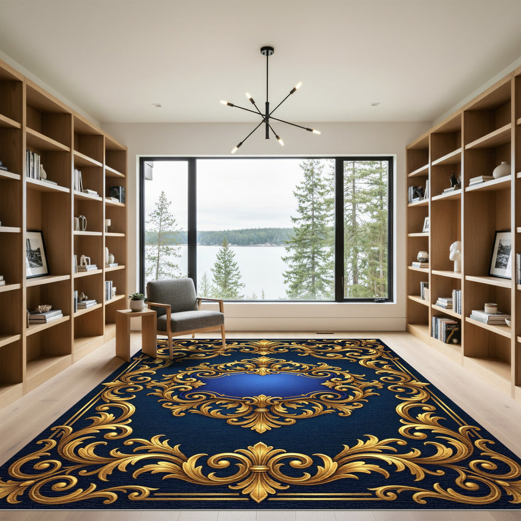 Ornate Golden Scroll Navy Royal Medallion Rug