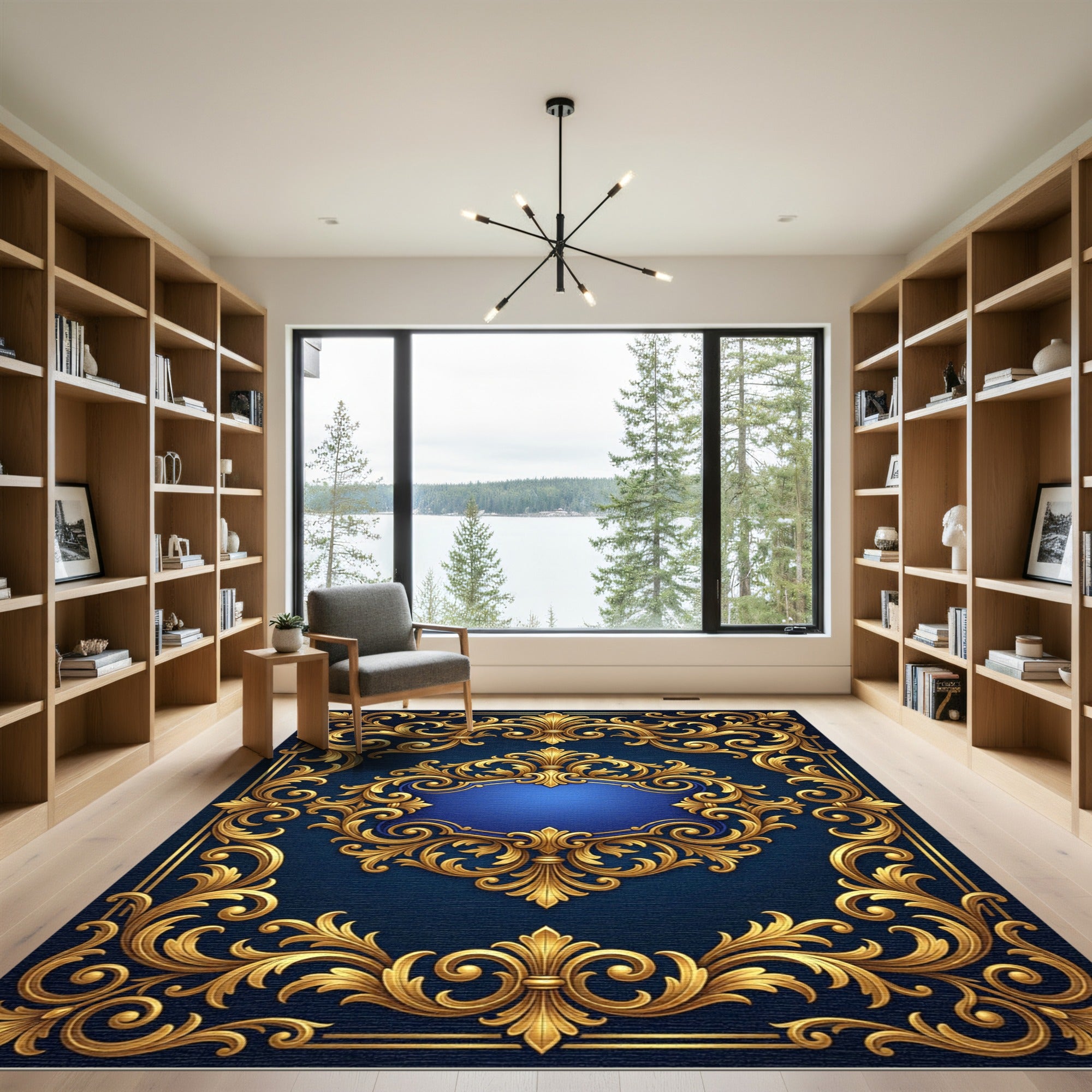 Ornate Golden Scroll Navy Royal Medallion Rug