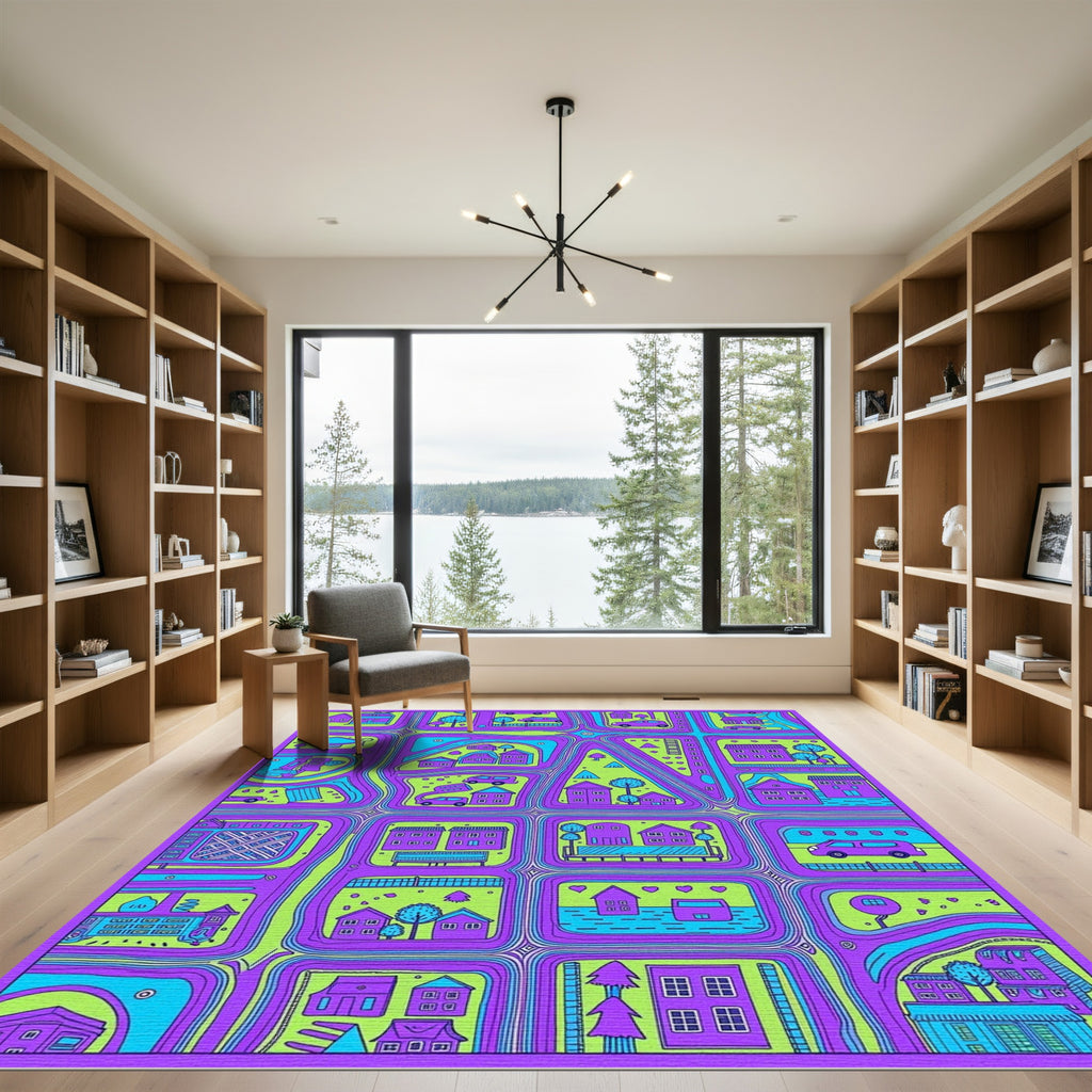 Vibrant Purple Green City Map Rug