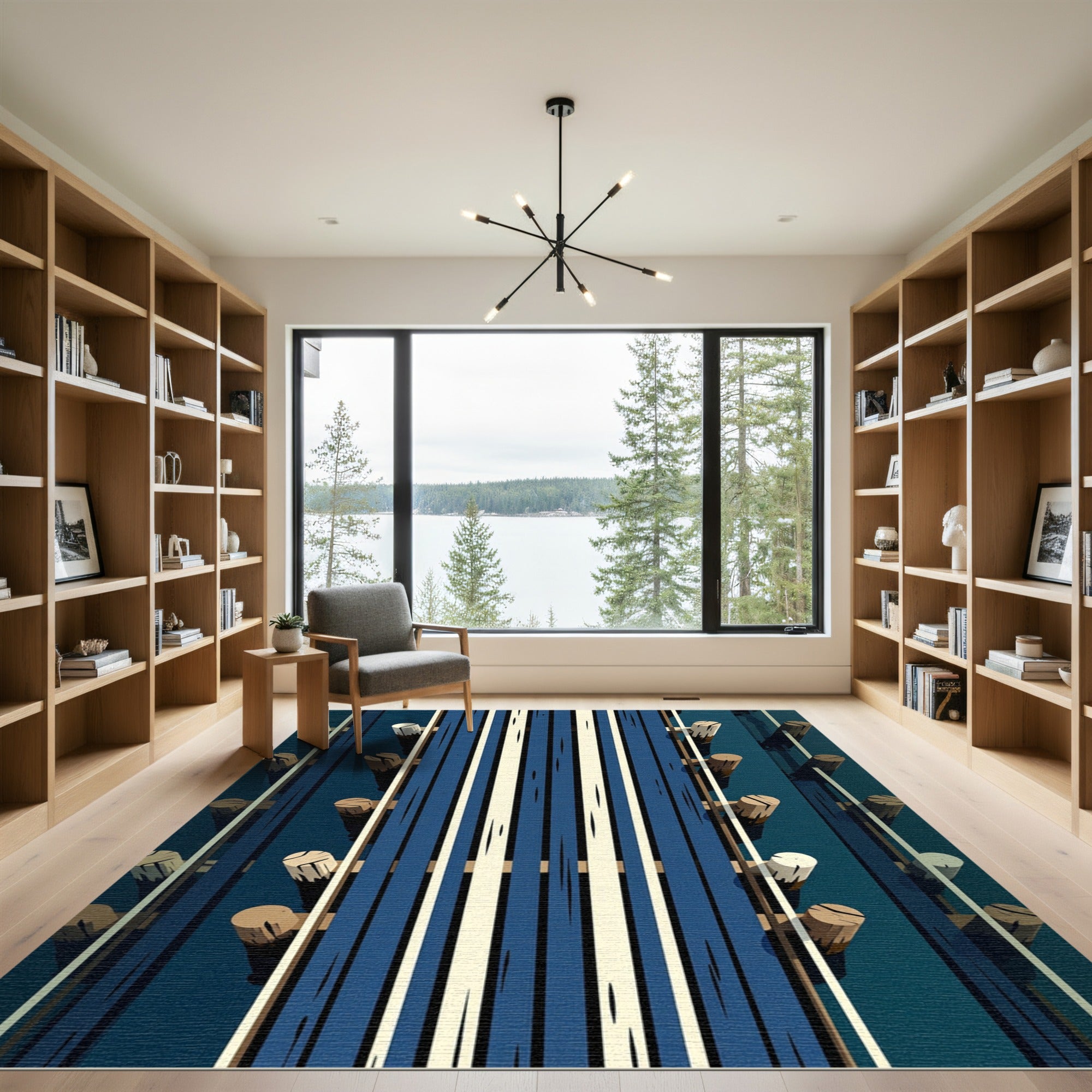 Modern Navy and Cream Vertical Stripe Rug
