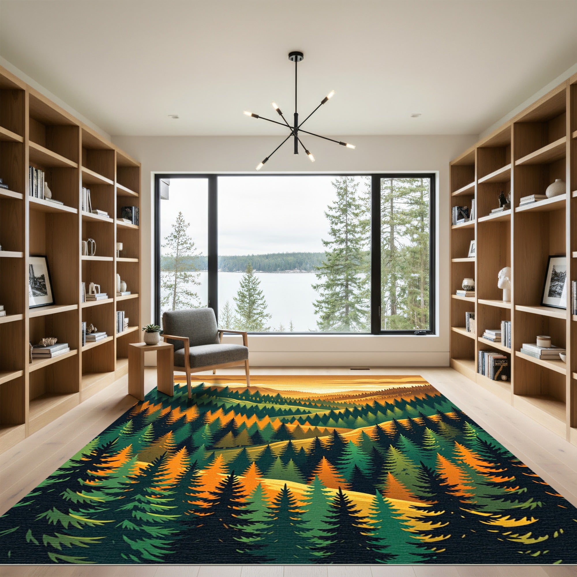 Golden Sunset Forest Landscape Mountain View Rug