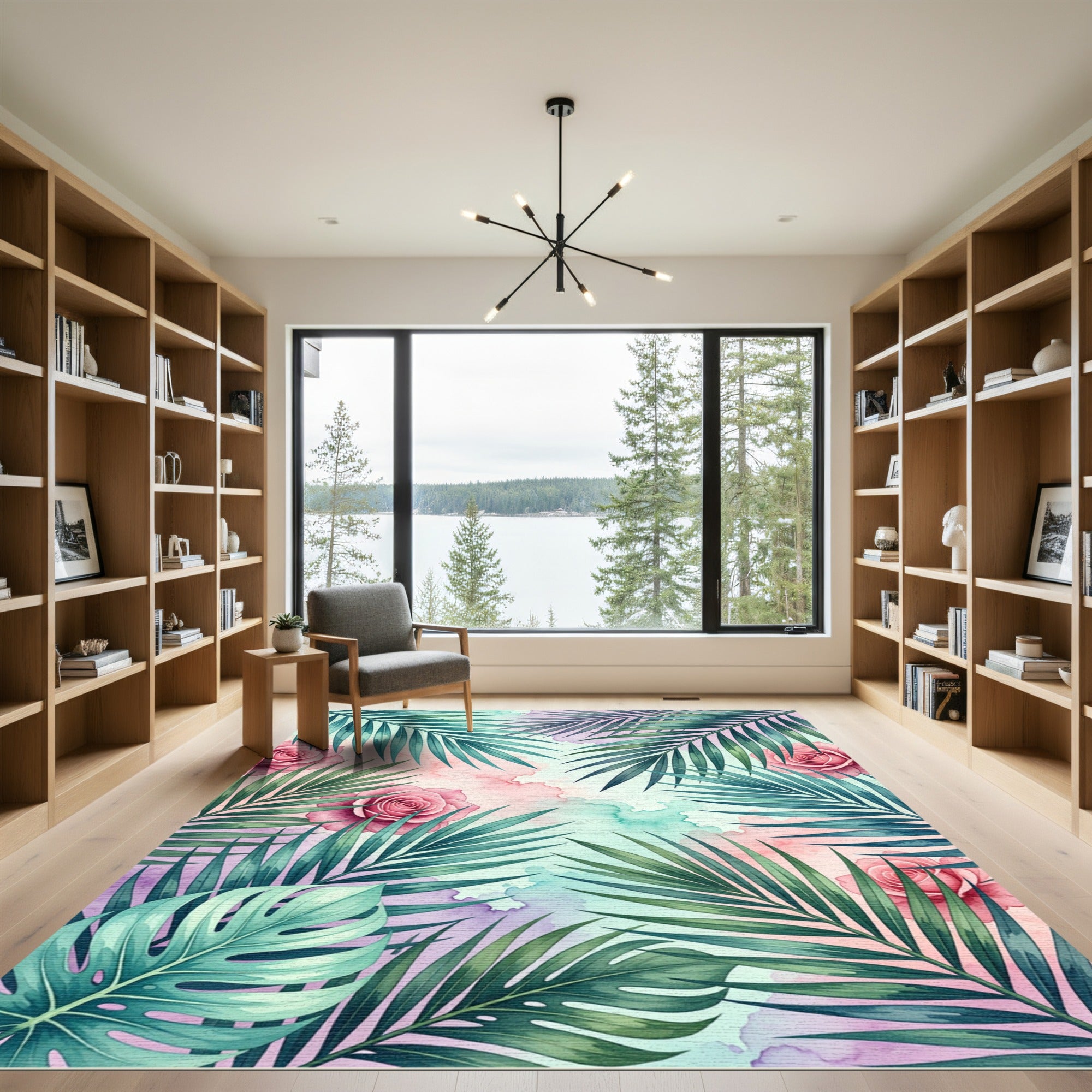 Watercolor Pastel Rose and Tropical Leaf Rug