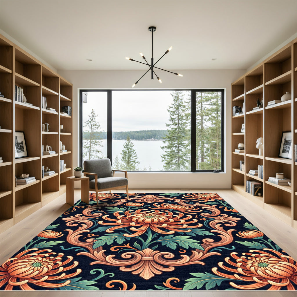 Elegant Peach Chrysanthemum Baroque Scroll Rug