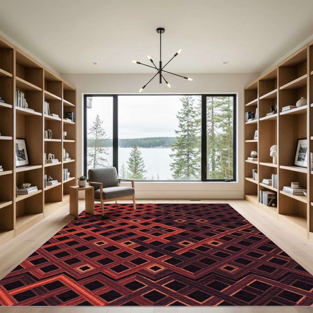 Crimson Interlocking Diamond Lattice Rug