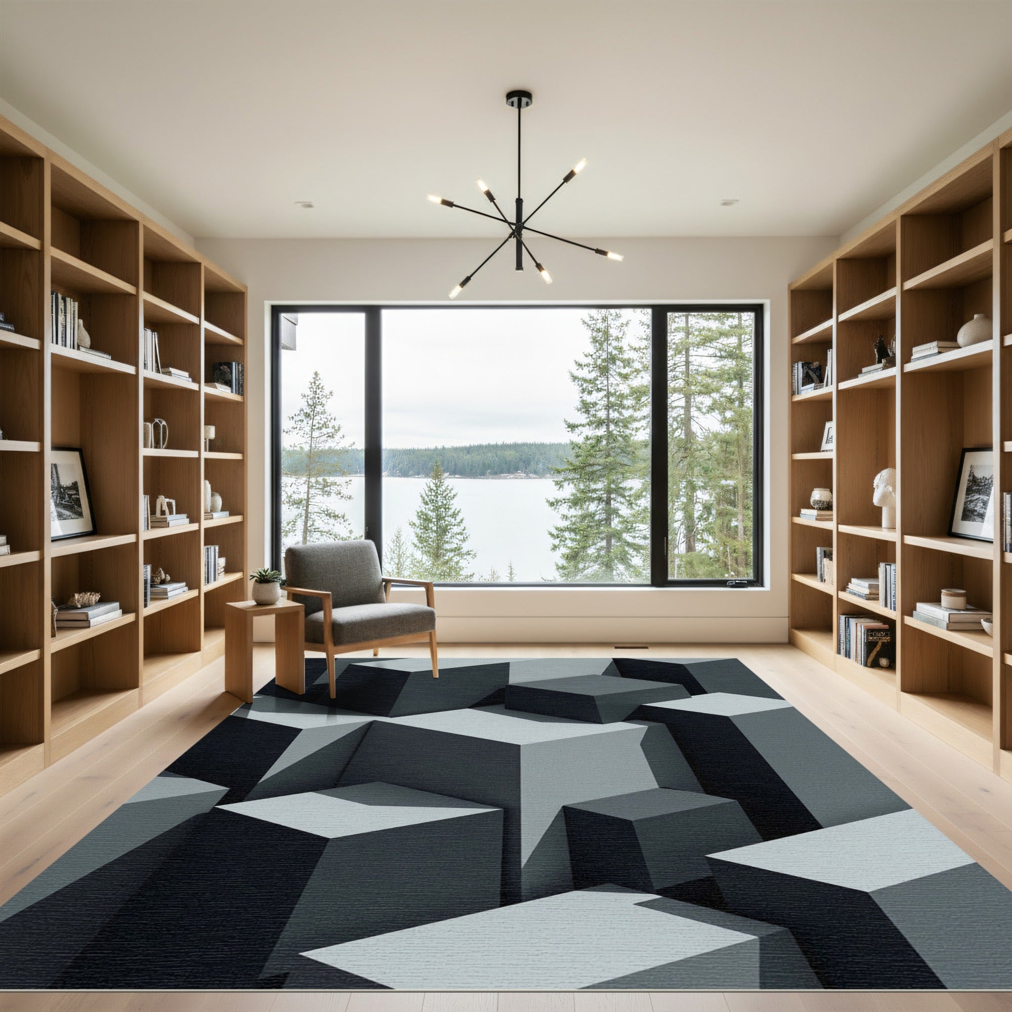 Minimalist Gray Isometric Block Abstract Rug