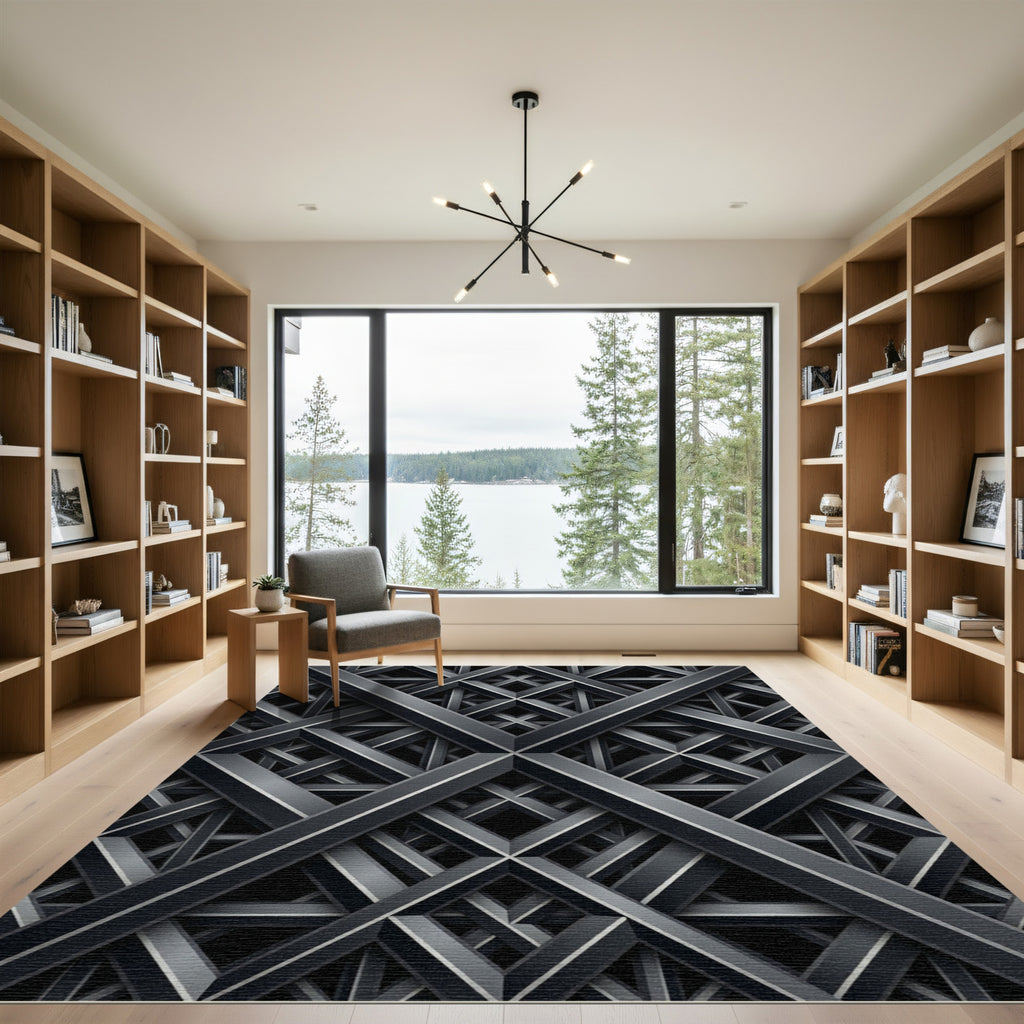 Contemporary Metallic Charcoal Intersecting Lattice Rug