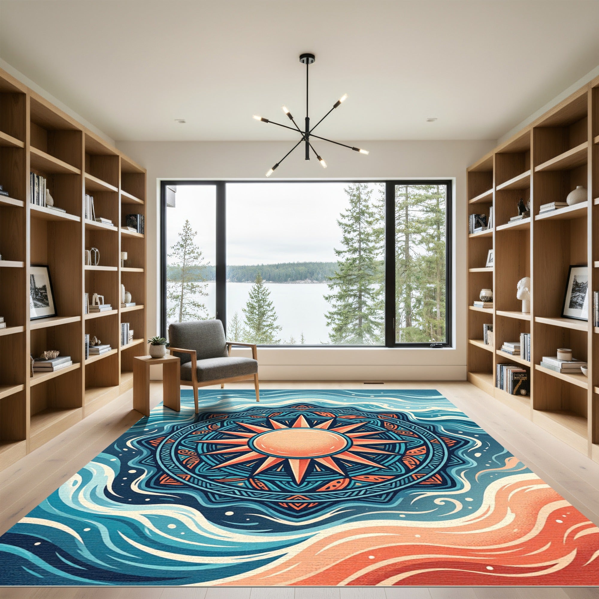 Radiant Solar Mandala Coastal Wave Art Rug