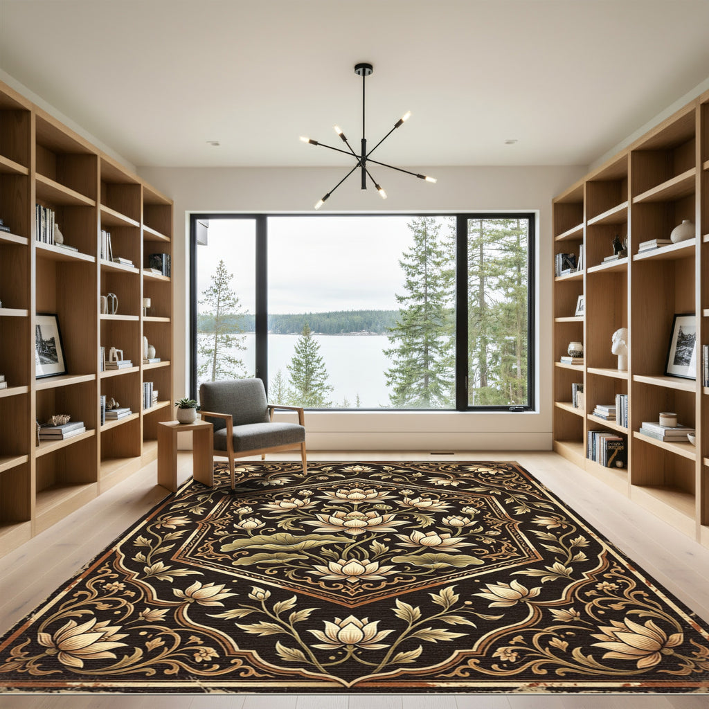 Golden Lotus Hexagon Floral Scroll Rug