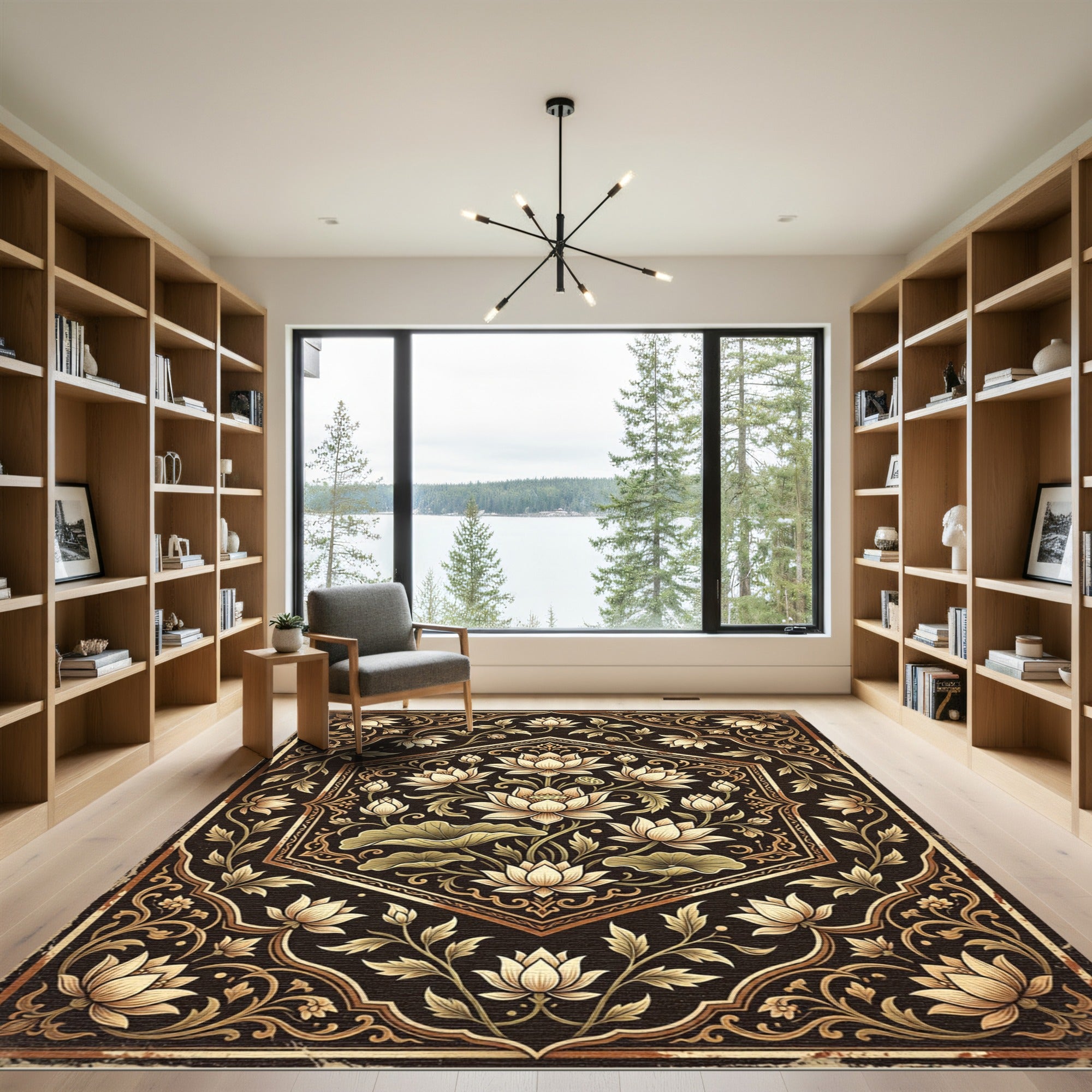 Golden Lotus Hexagon Floral Scroll Rug