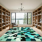 Teal Modern Geometric Abstract Grid Rug