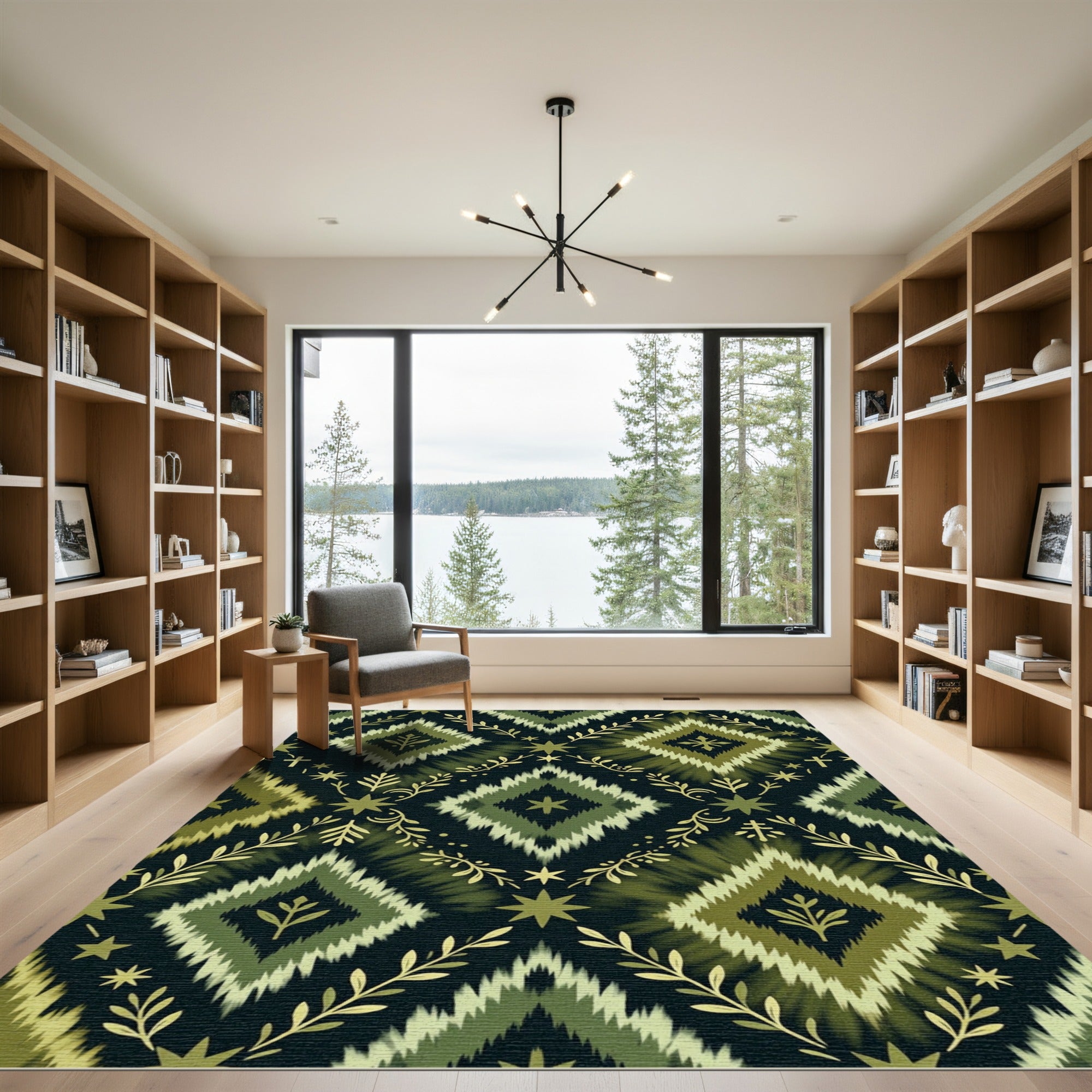 Olive Green Diamond Botanical Pattern Rug