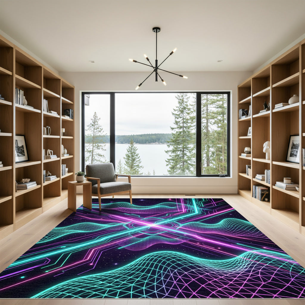 Neon Cybernetic Wave Interstellar Grid Rug