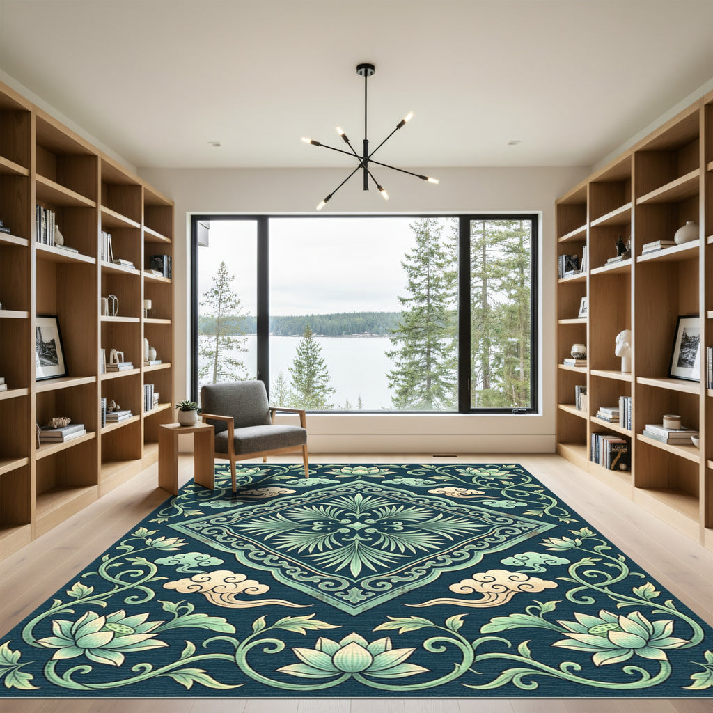 Elegant Jade Lotus Cloud Medallion Rug