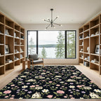 Country Cottage Floral Houses Black Rug