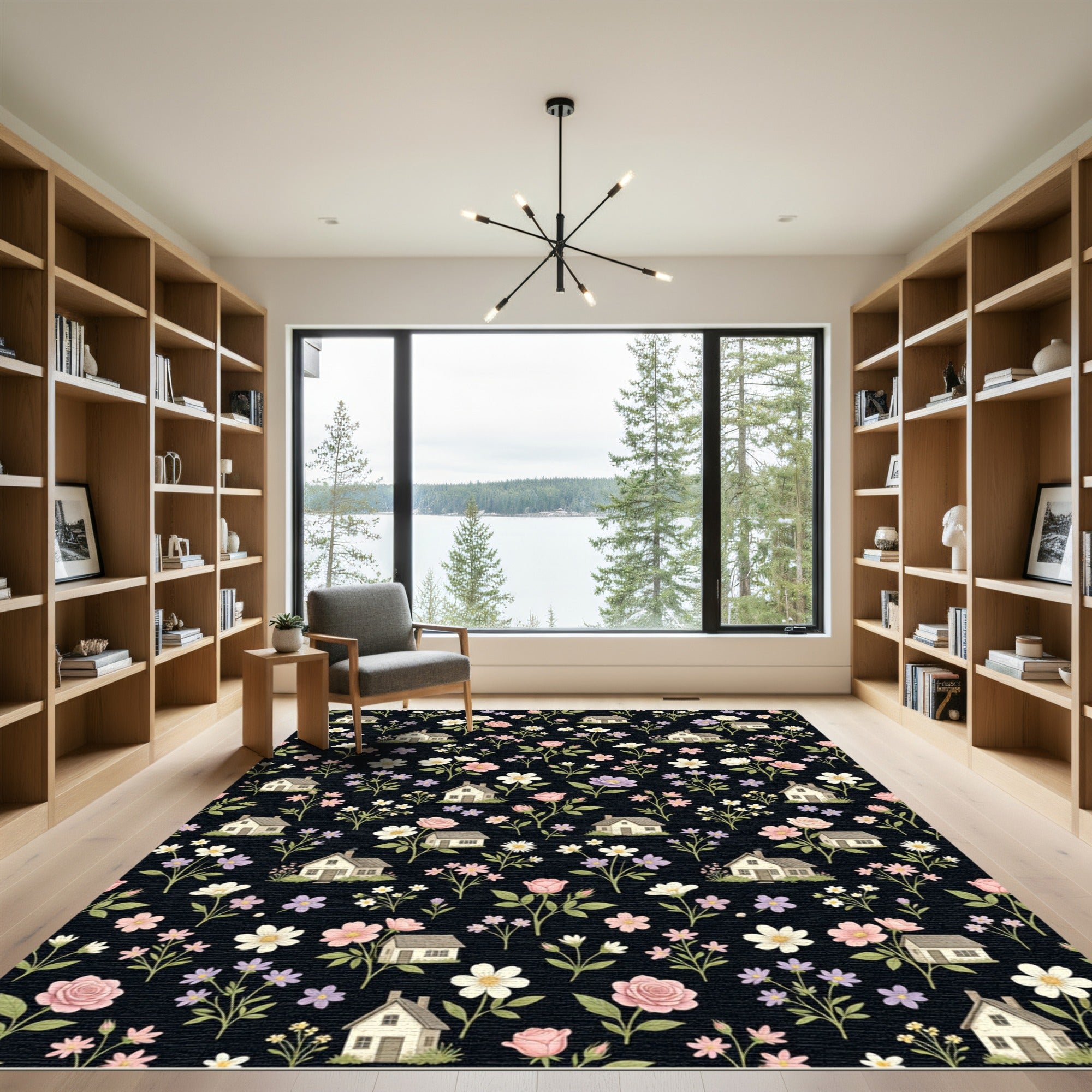 Country Cottage Floral Houses Black Rug