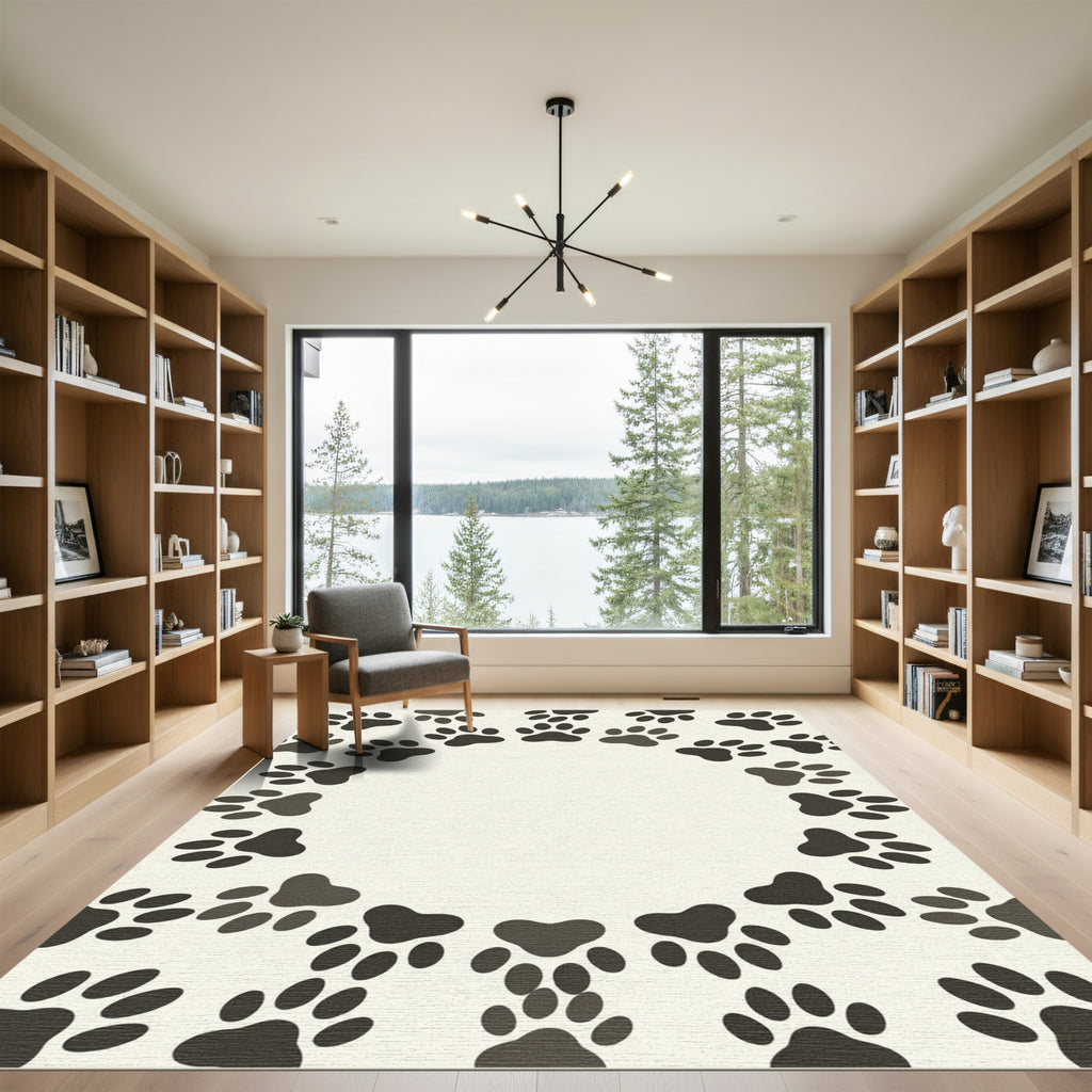 Minimalist Cream Paw Print Border Rug