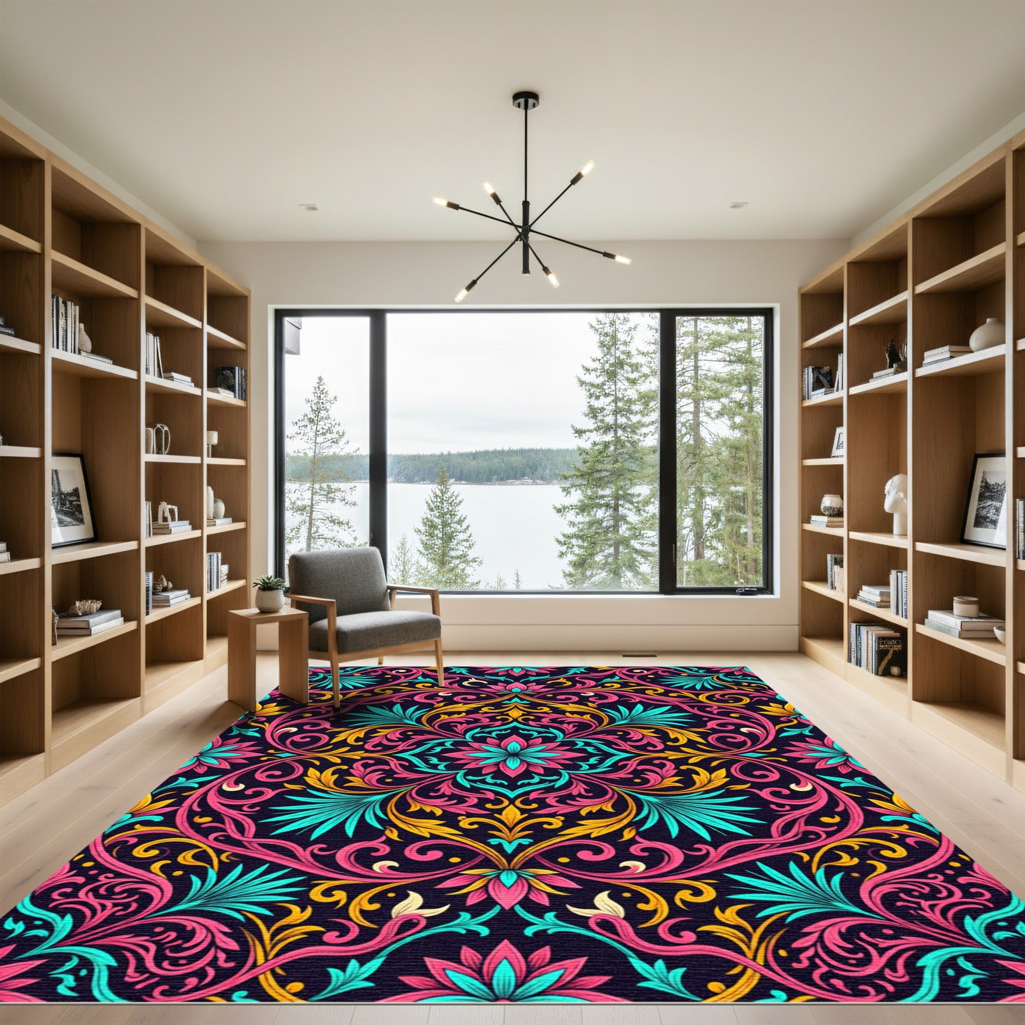 Pink Teal Gold Floral Swirl Rug