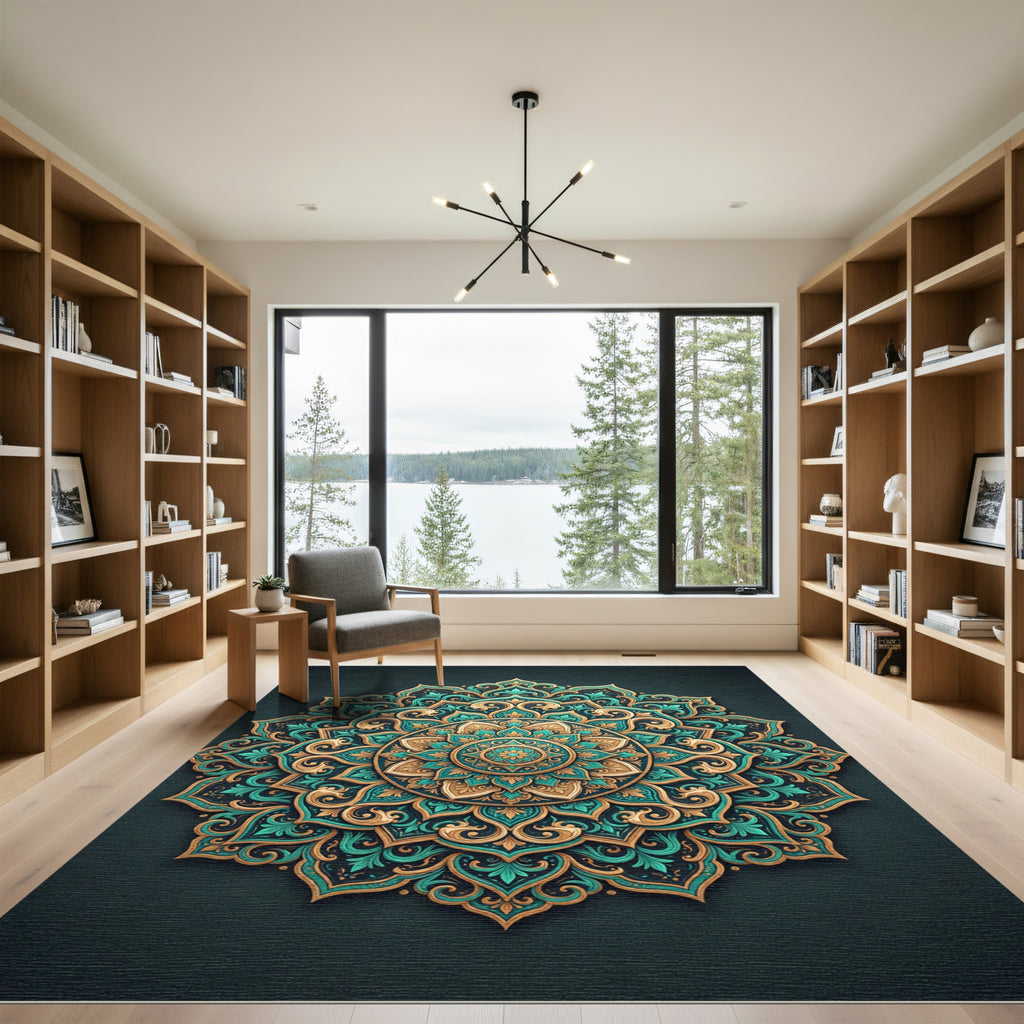 Teal and Golden Ornate Mandala Medallion Rug