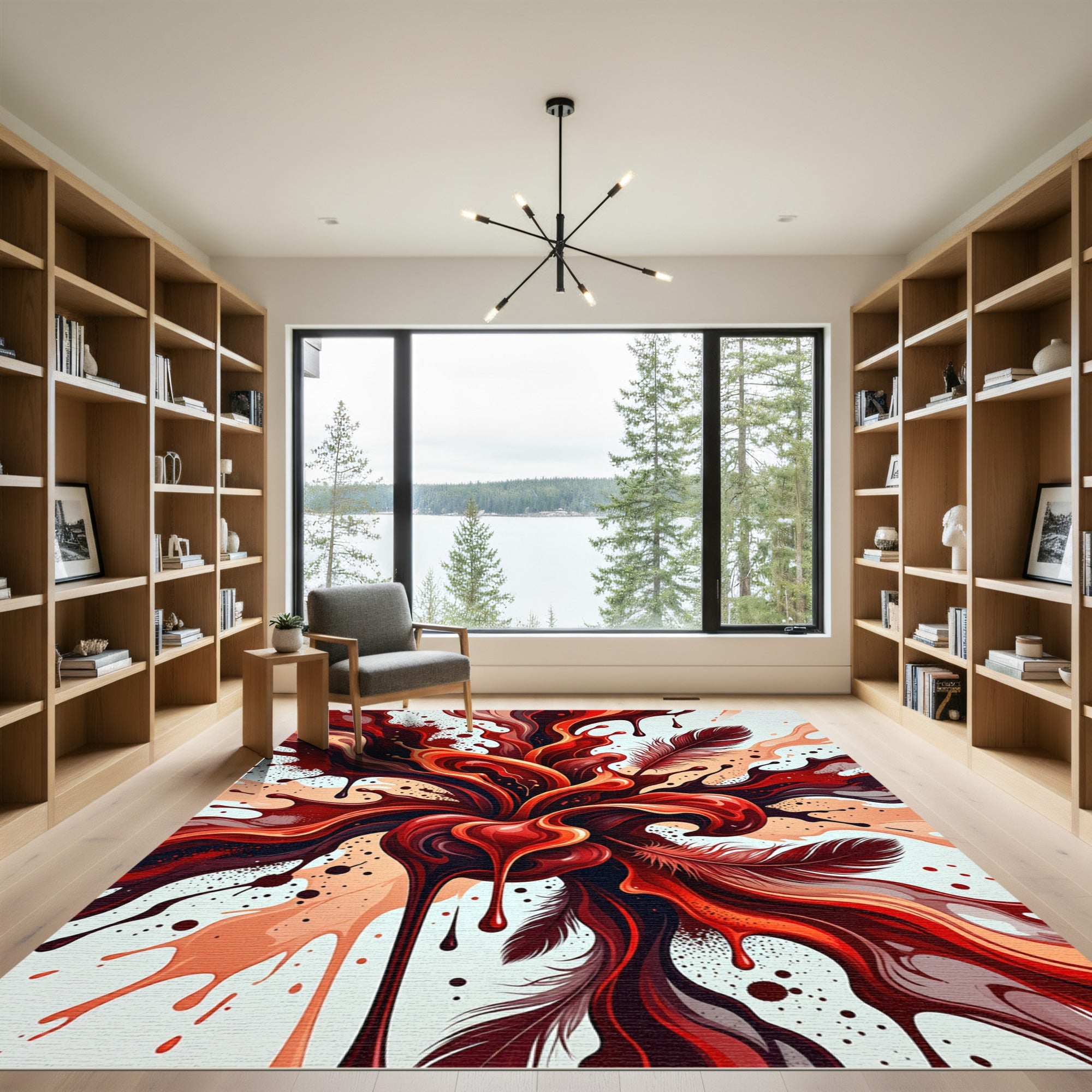 Abstract Crimson Liquid Flow and Feathers Rug