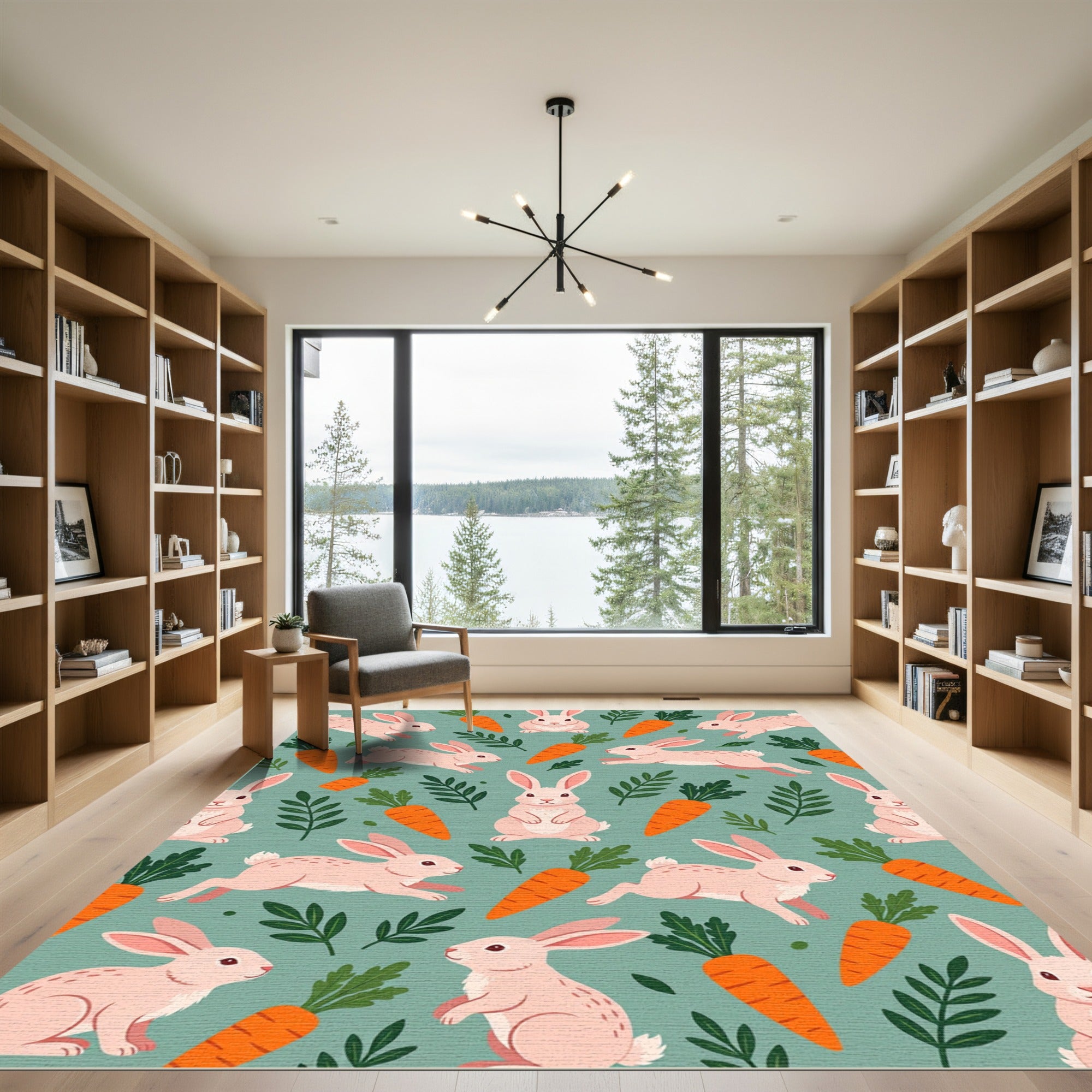 Whimsical Pastel Rabbit and Carrot Illustration Rug