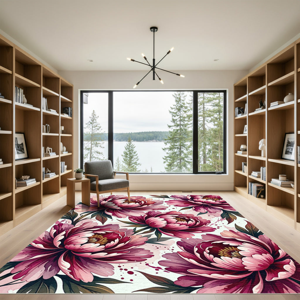 Deep Crimson Peony Watercolor Floral Rug