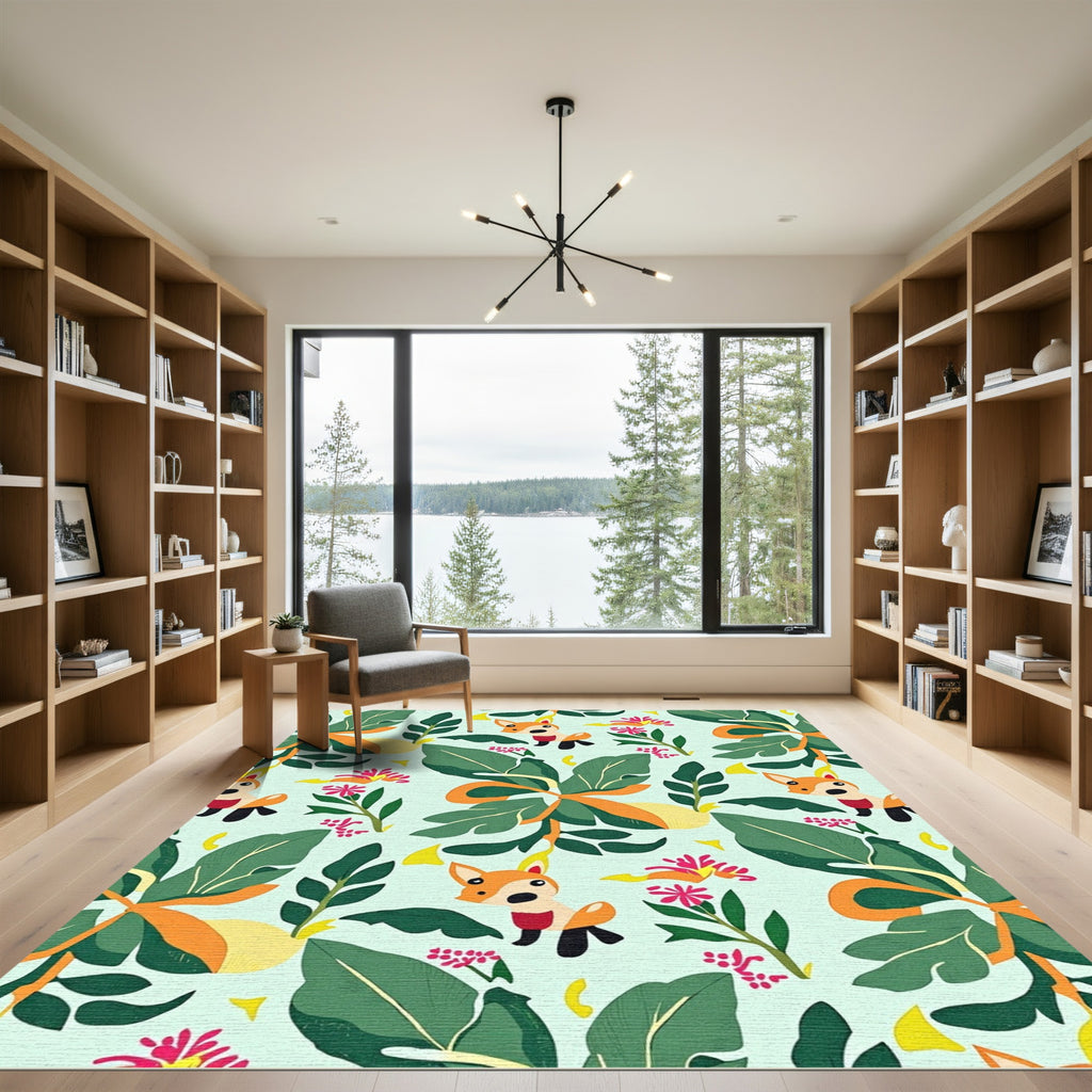 Whimsical Fox Floral Leafy Jungle Rug