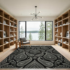 Elaborate Silver Paisley Black Background Rug