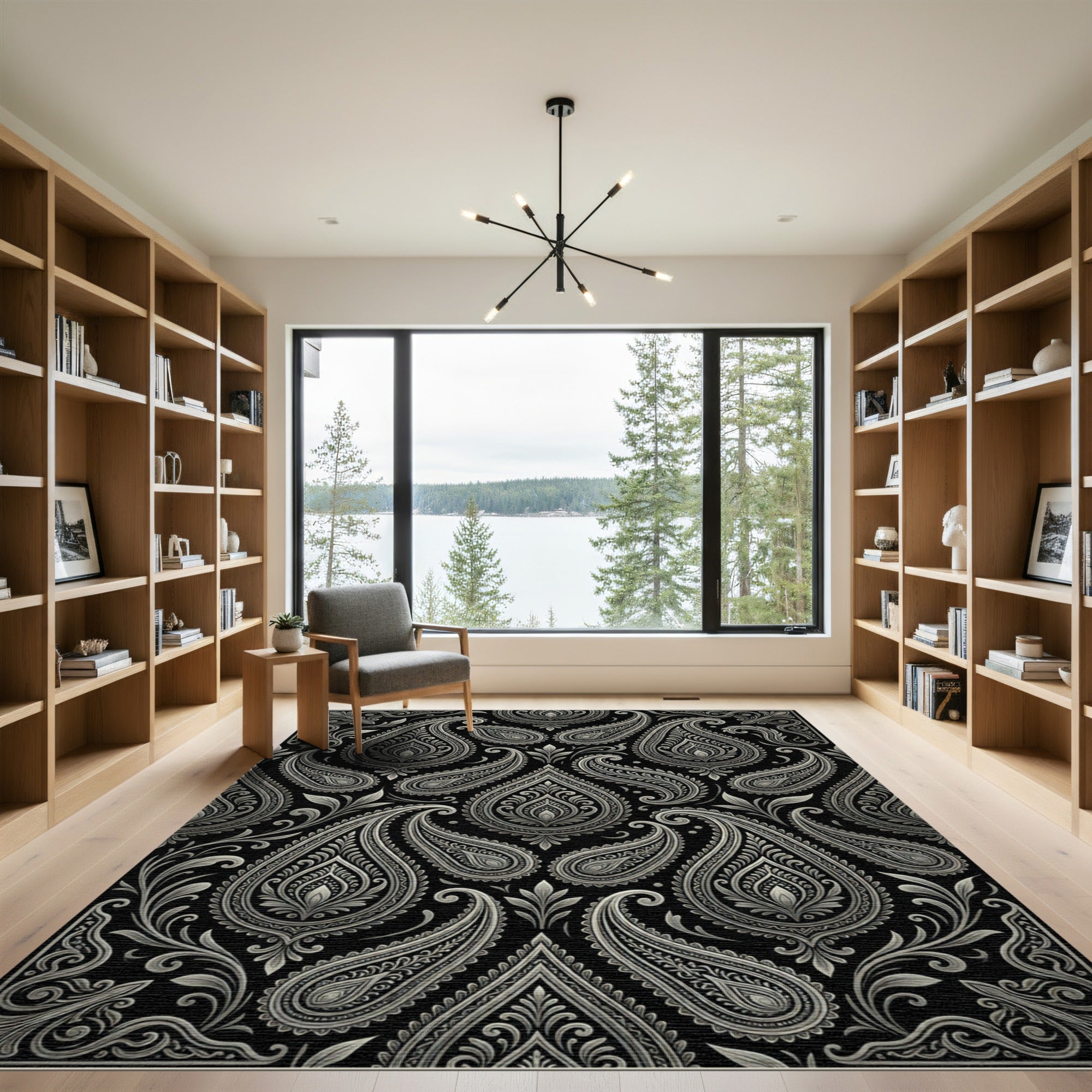 Elaborate Silver Paisley Black Background Rug