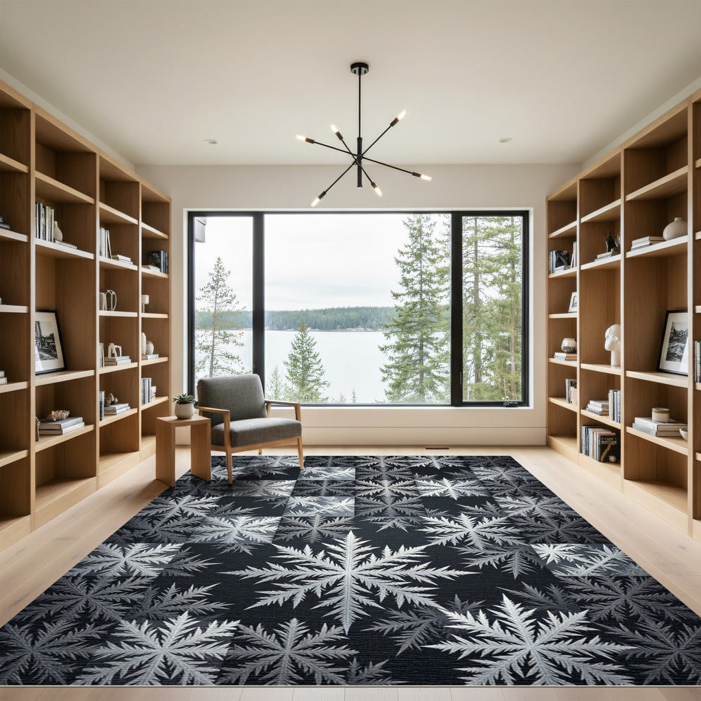 Monochrome Botanical Snowflake Grid Rug