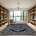 Majestic Blue Gold Medallion Floral Borders Rug