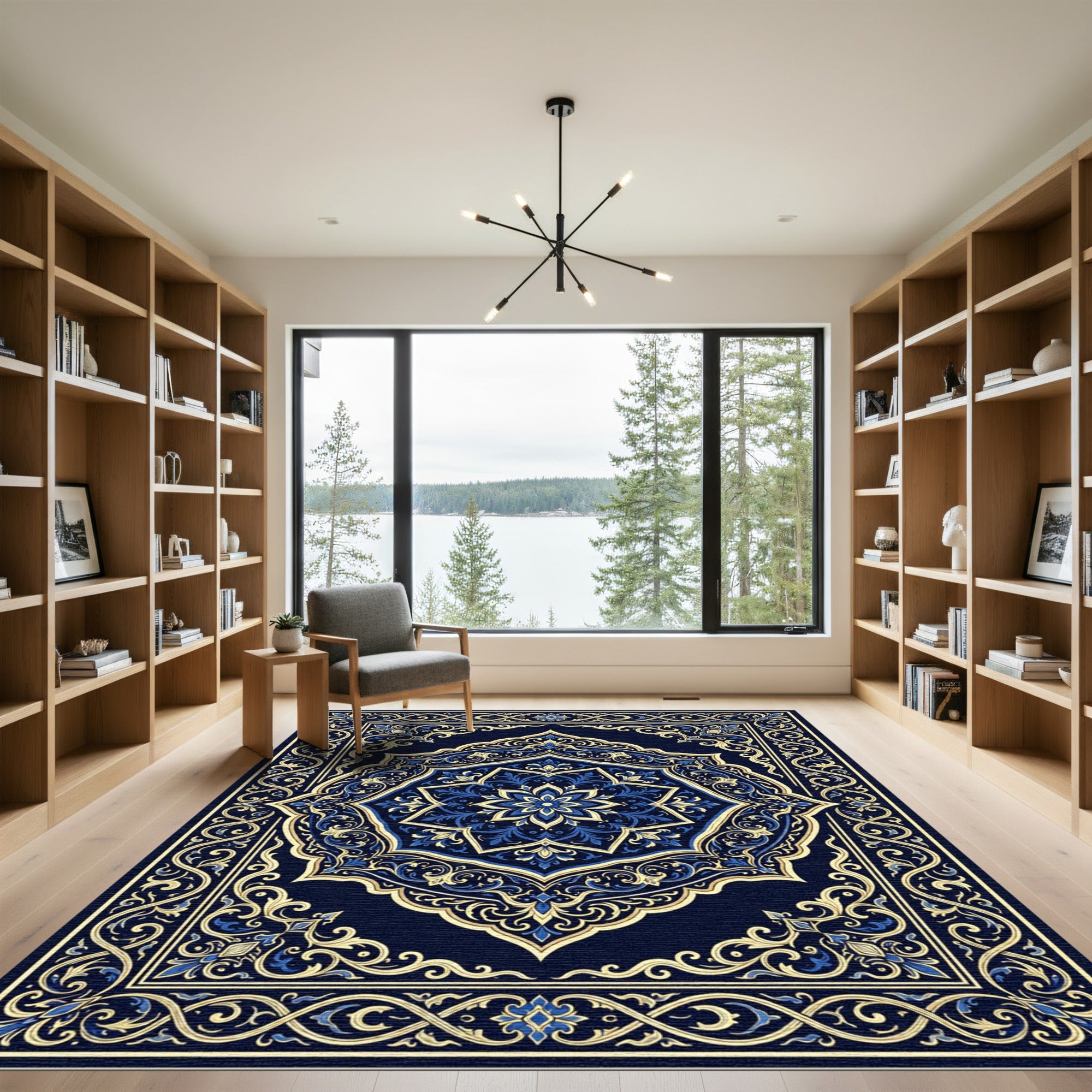 Majestic Blue Gold Medallion Floral Borders Rug