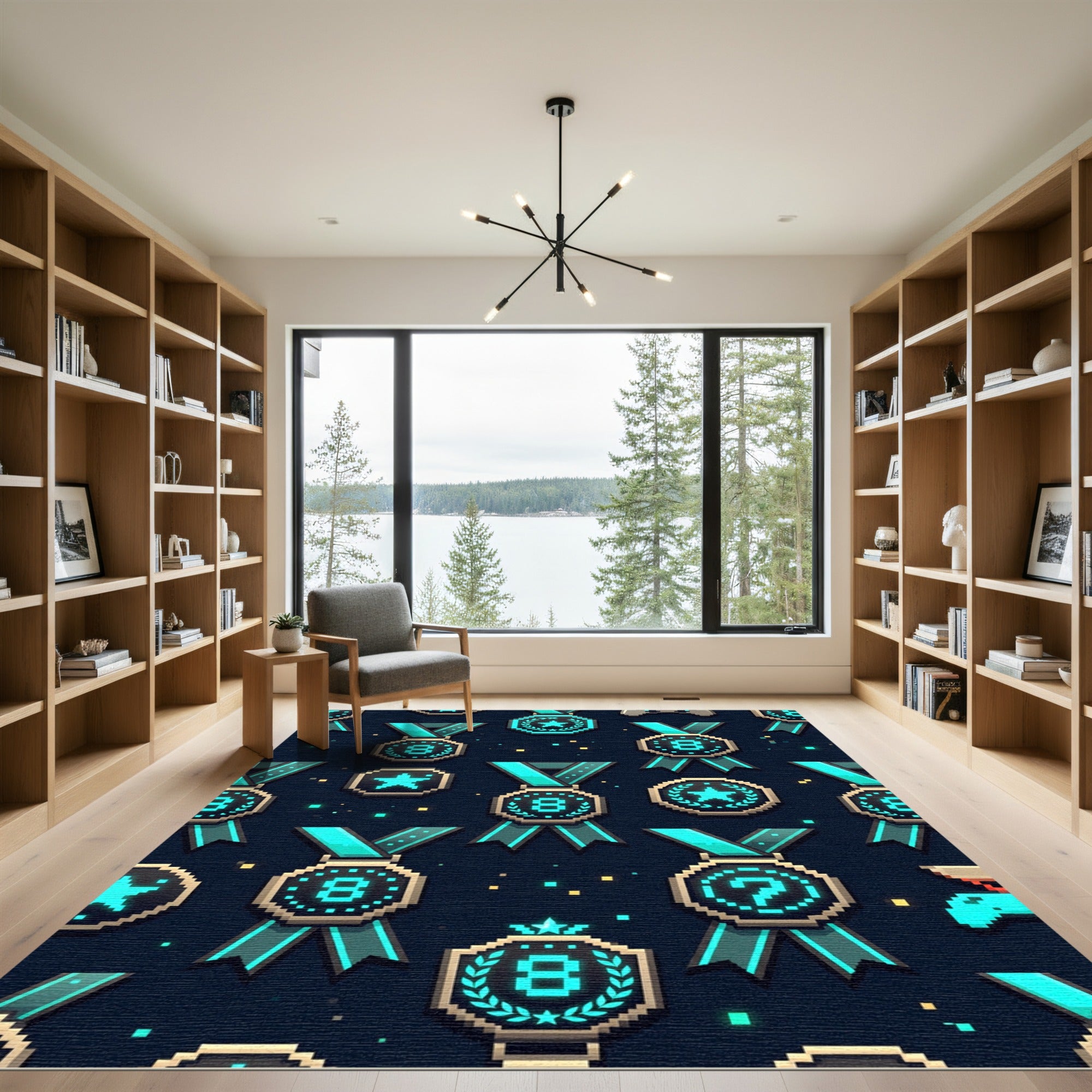 Neon Pixel Medal Gaming Arcade Space Rug