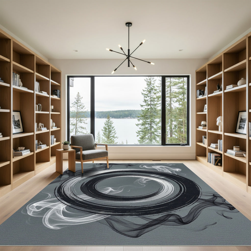 Black White Smoke Swirl Circle Rug